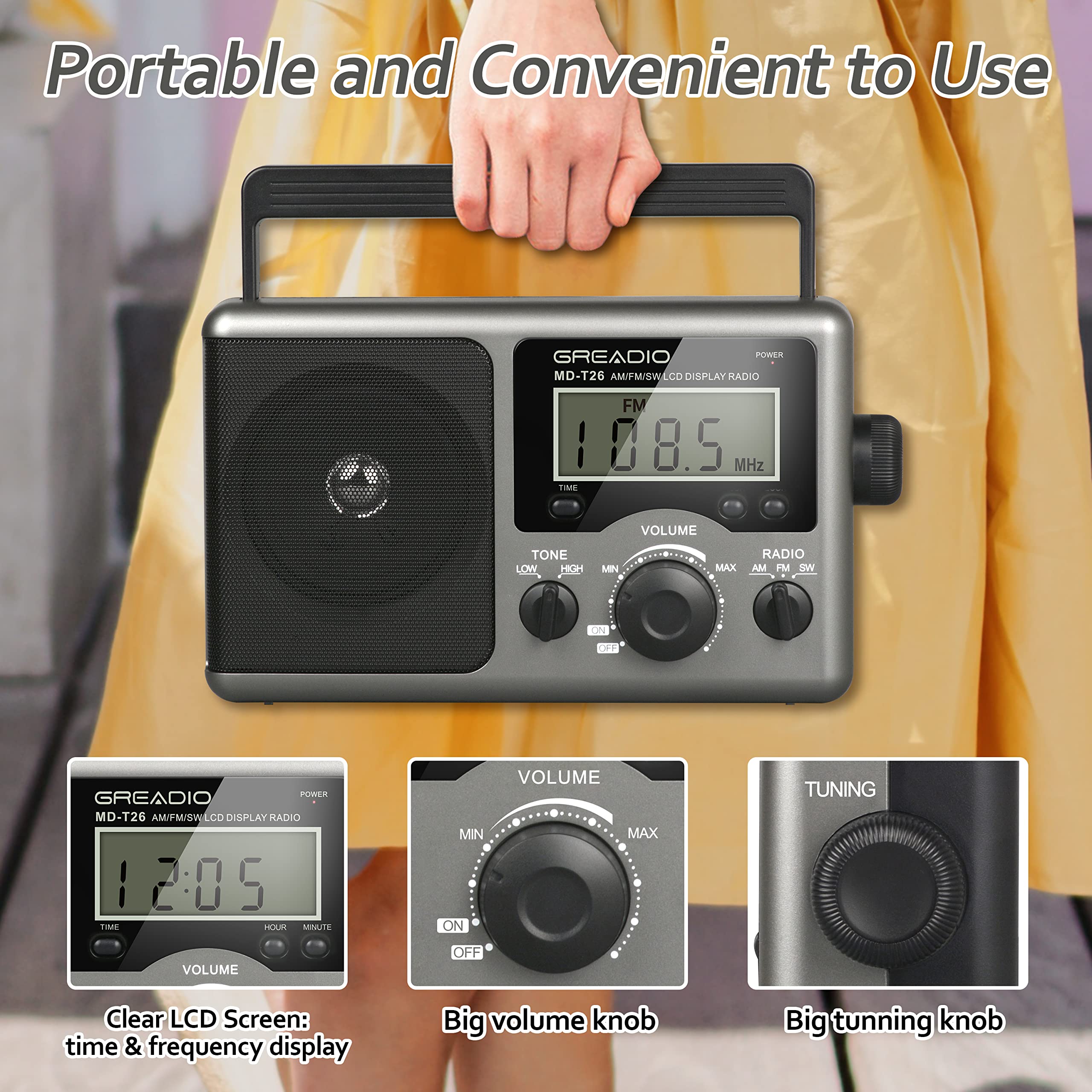 Greadio Portable Shortwave Radio With Best Reception,Am Fm Transistor,Lcd Display,Time Setting,Battery Operated By 4 D Cell Batt