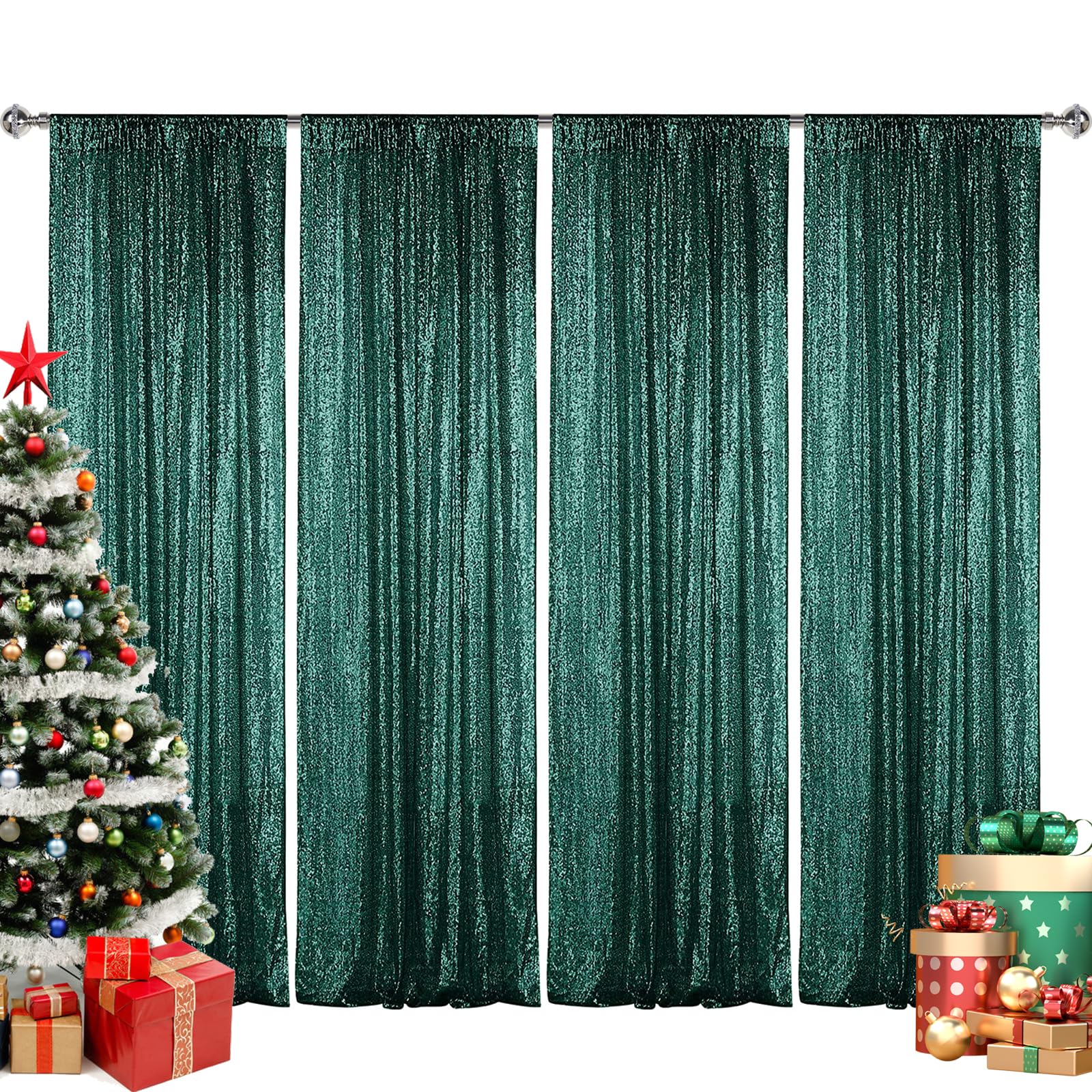 Sugargirl Dark Green Sequin Backdrop Curtain 4 Panels 2Ftx8Ft Glitter Dark Green Background Drapes Sparkle Photography Backdrop