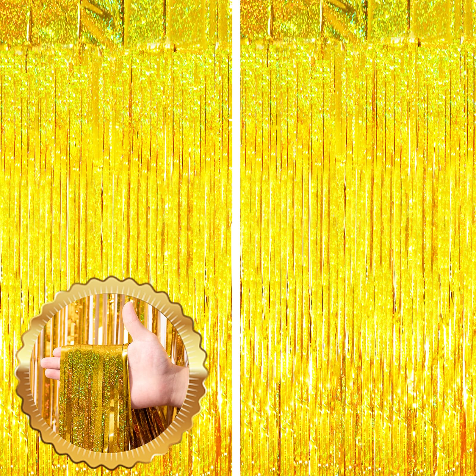 Voircoloria 2 Pack Laser Gold Tinsel Foil Fringe Curtains, Gold Party Decorations, Metallic Tinsel Party Streamers Backdrop For