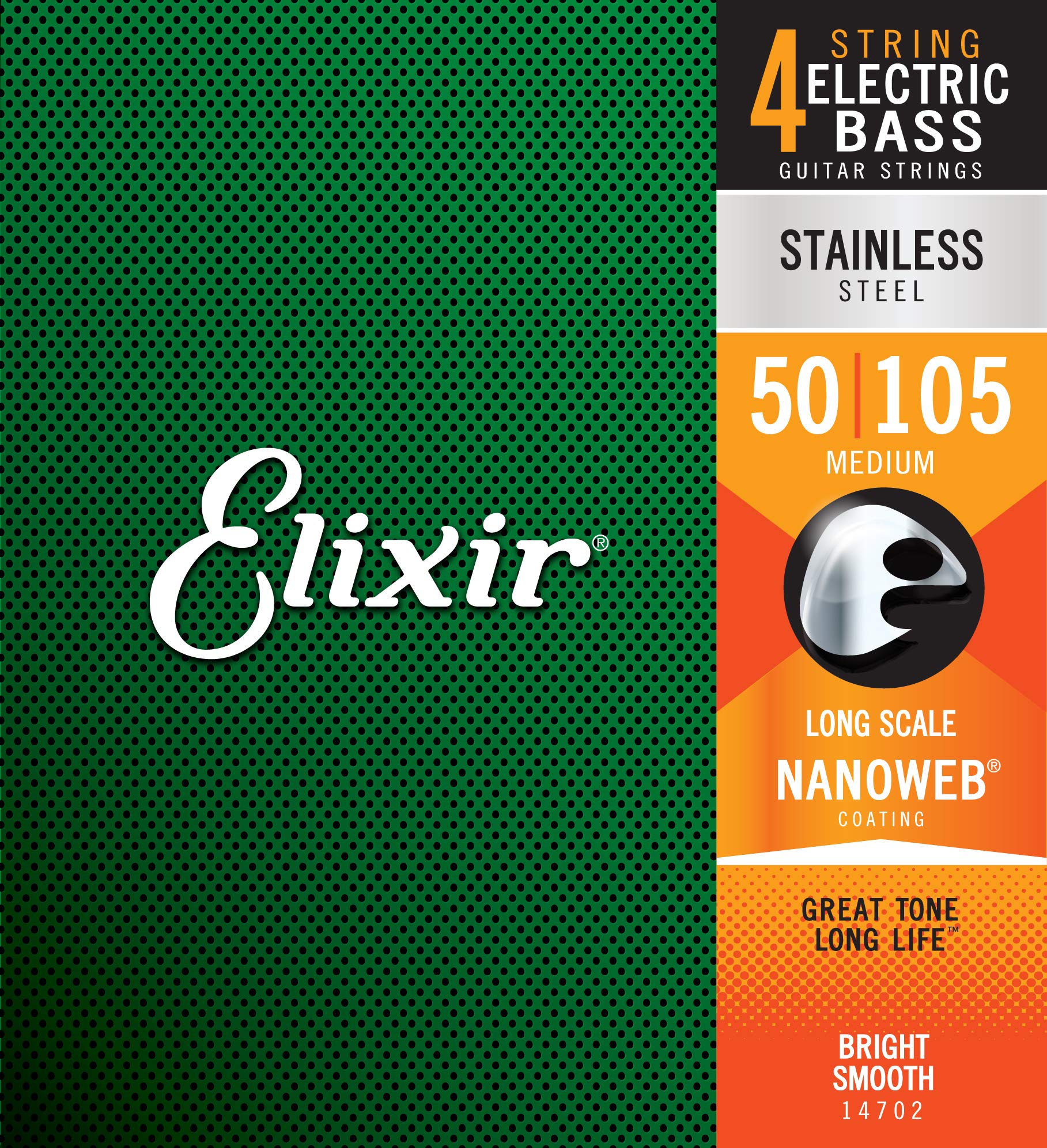 Elixir Strings Stainless Steel 4 String Bass Strings W Nanoweb Coating, Long Scale, Medium (.050 .105)