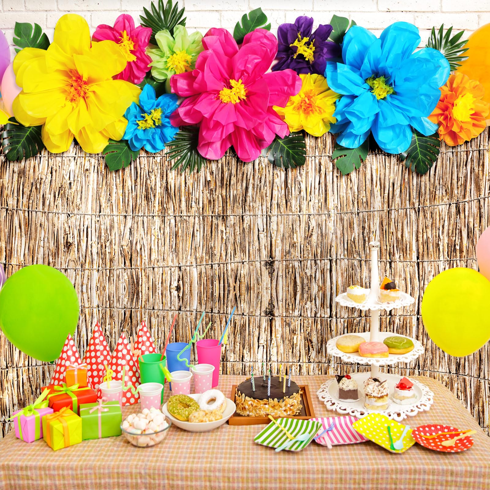 Canlierr 22 Pcs Hawaiian Beach Backdrop With Hawaii Paper Flowers Decorations Set 71 X 43 Inch Hawaiian Backdrop 3D Hibiscus Pap