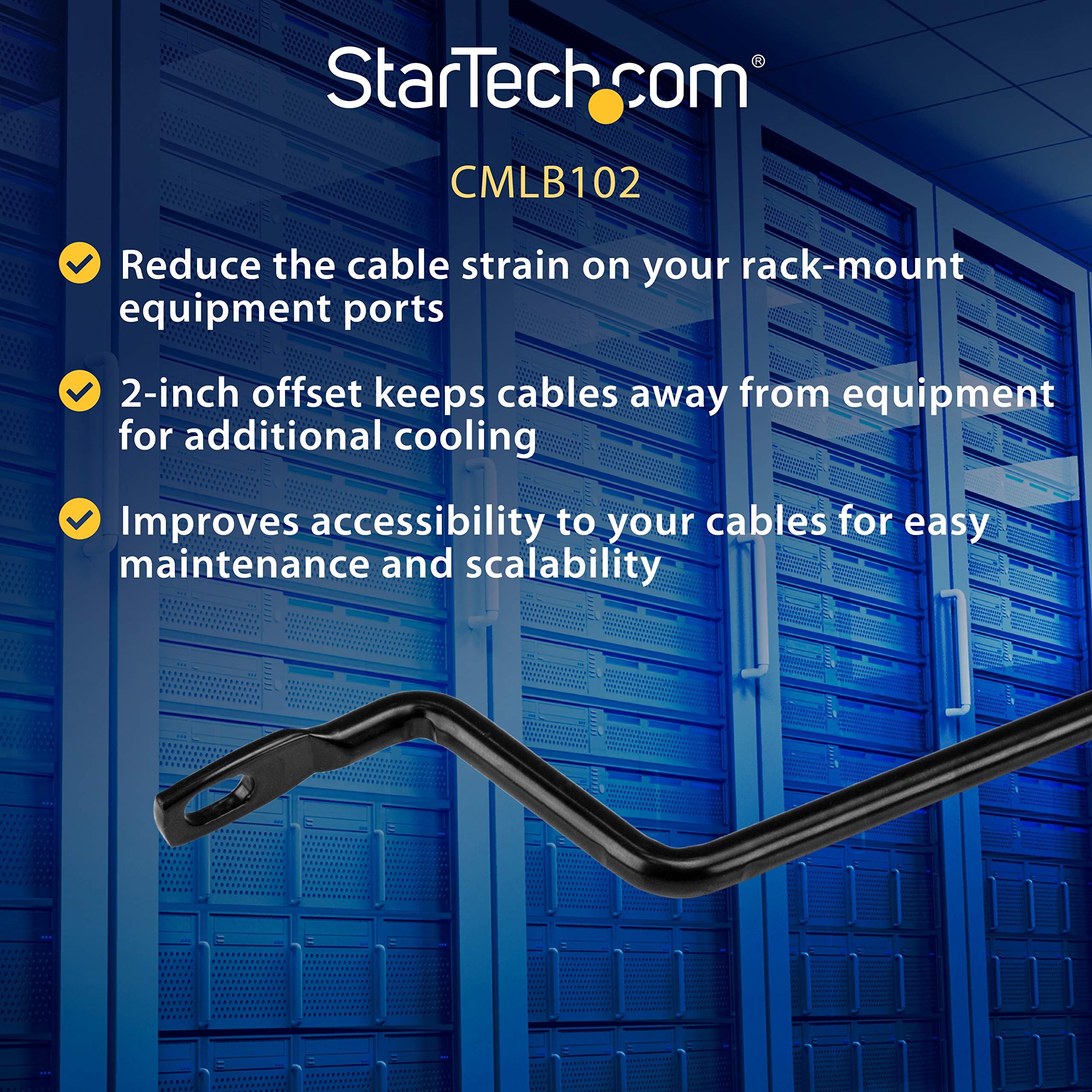 StarTech.com Horizontal Lacing Bar w/ 2 inch Offset at 75 Degrees  Server Rack Cable Management  19' Network Rack Mount Cord Organizer  10pk , TAA (CMLB102)