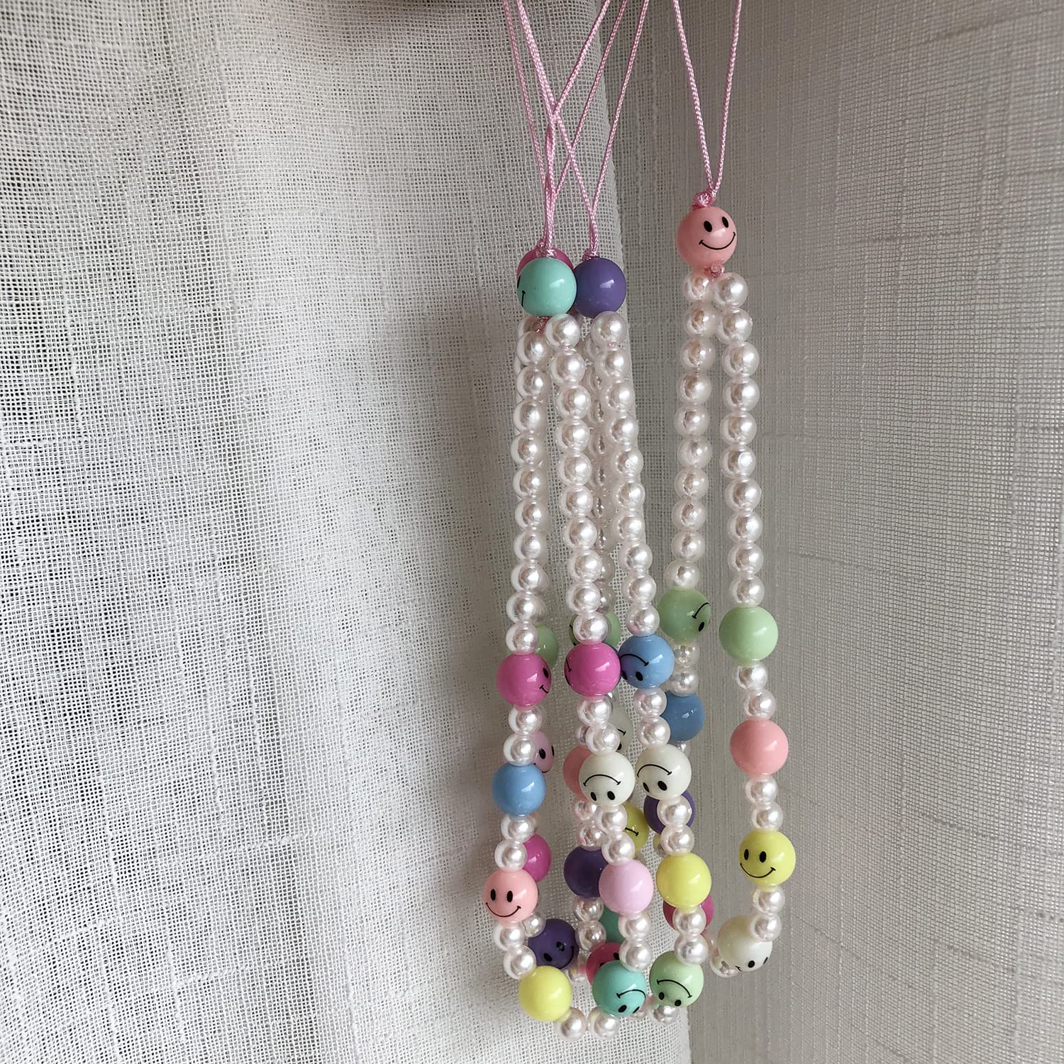 Holaoct 3Pcs Phone Charm,Cute Smiley Face Phone Charms Strap Beaded Keychain Pearl Phone Case Lanyards For Women