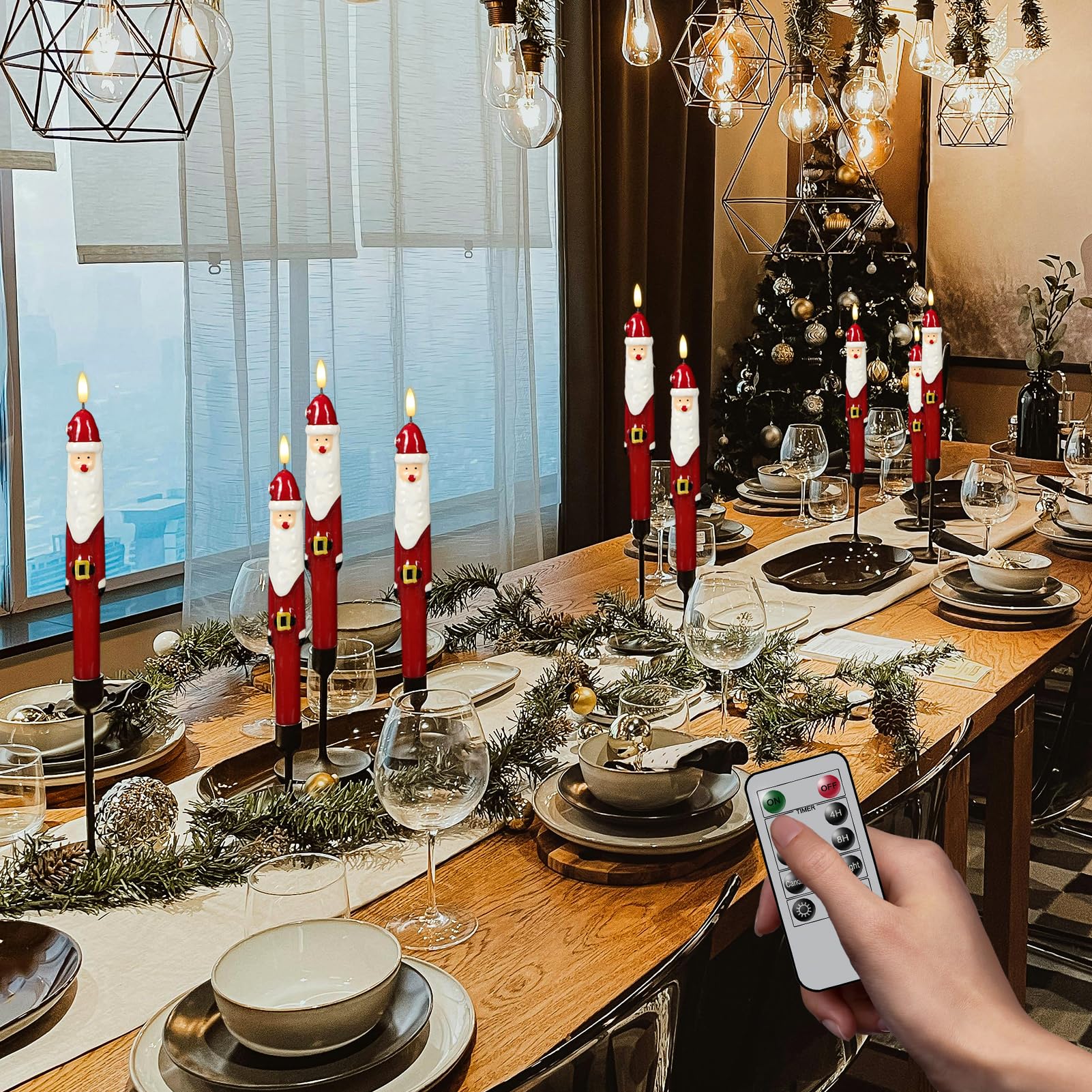 Kunswenn Christmas Flameless Taper Candles, Led Flameless Candlesticks With Remote Timer, 2 Pcs Christmas Santa Led Taper Candle