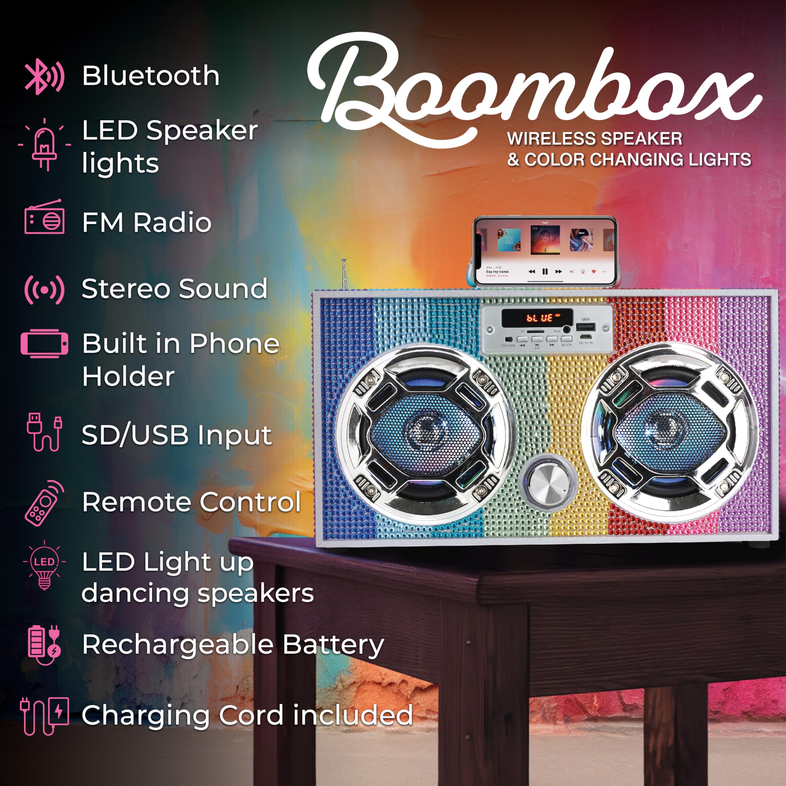 Wireless Express   Mini Boombox With Led Speakers �Retro Bluetooth Speaker W/Enhanced Fm Radio   Perfect For Home And Outdoor (Rainbow Bling)