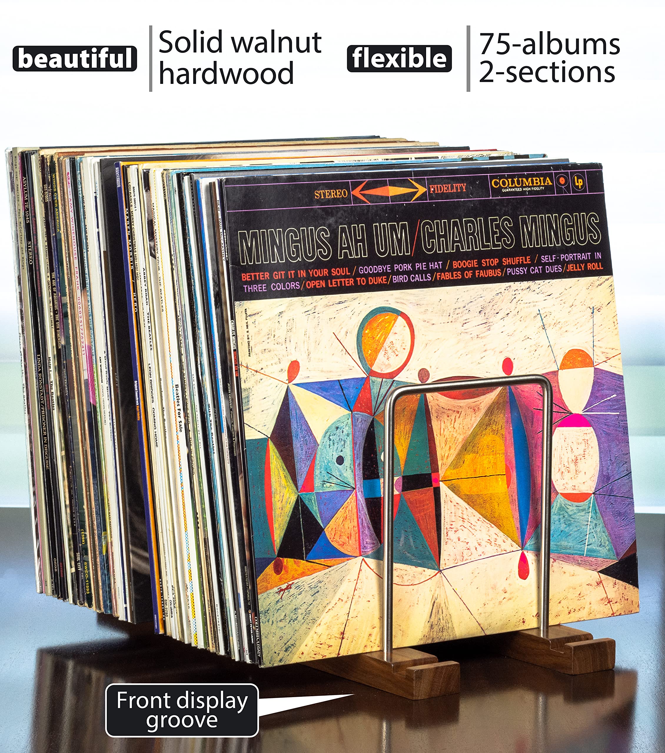 Optage Audio 75 Lp Vinyl Record Storage Holder, Solid Walnut Wood Record Holder For Albums, Built In Now Playing, Use For Record