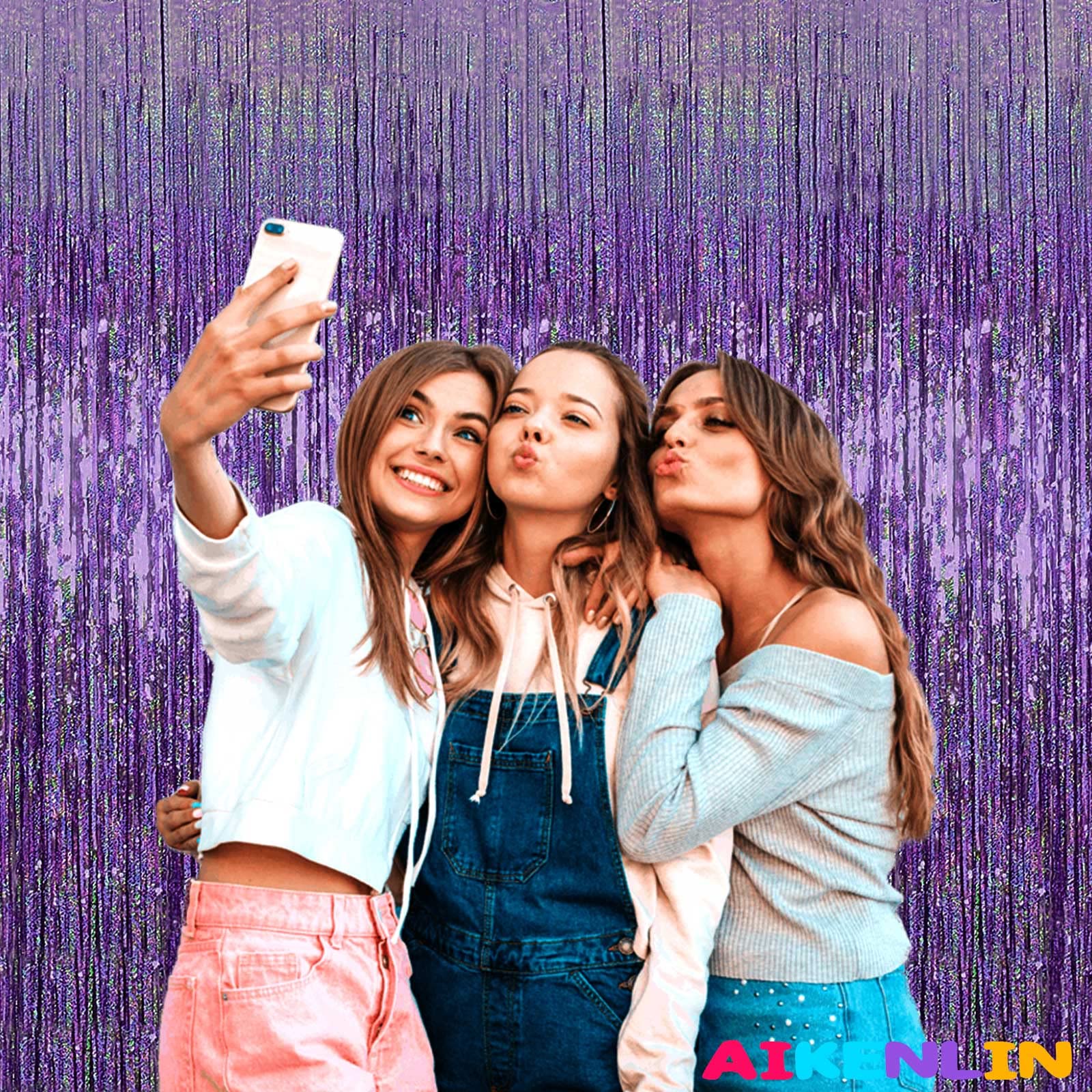 4 Pack 3.2Ft X 8.2Ft Light Purple Foil Fringe Curtain Backdrop, Metallic Tinsel Foil Fringe Streamers Curtains For Photo Booth,