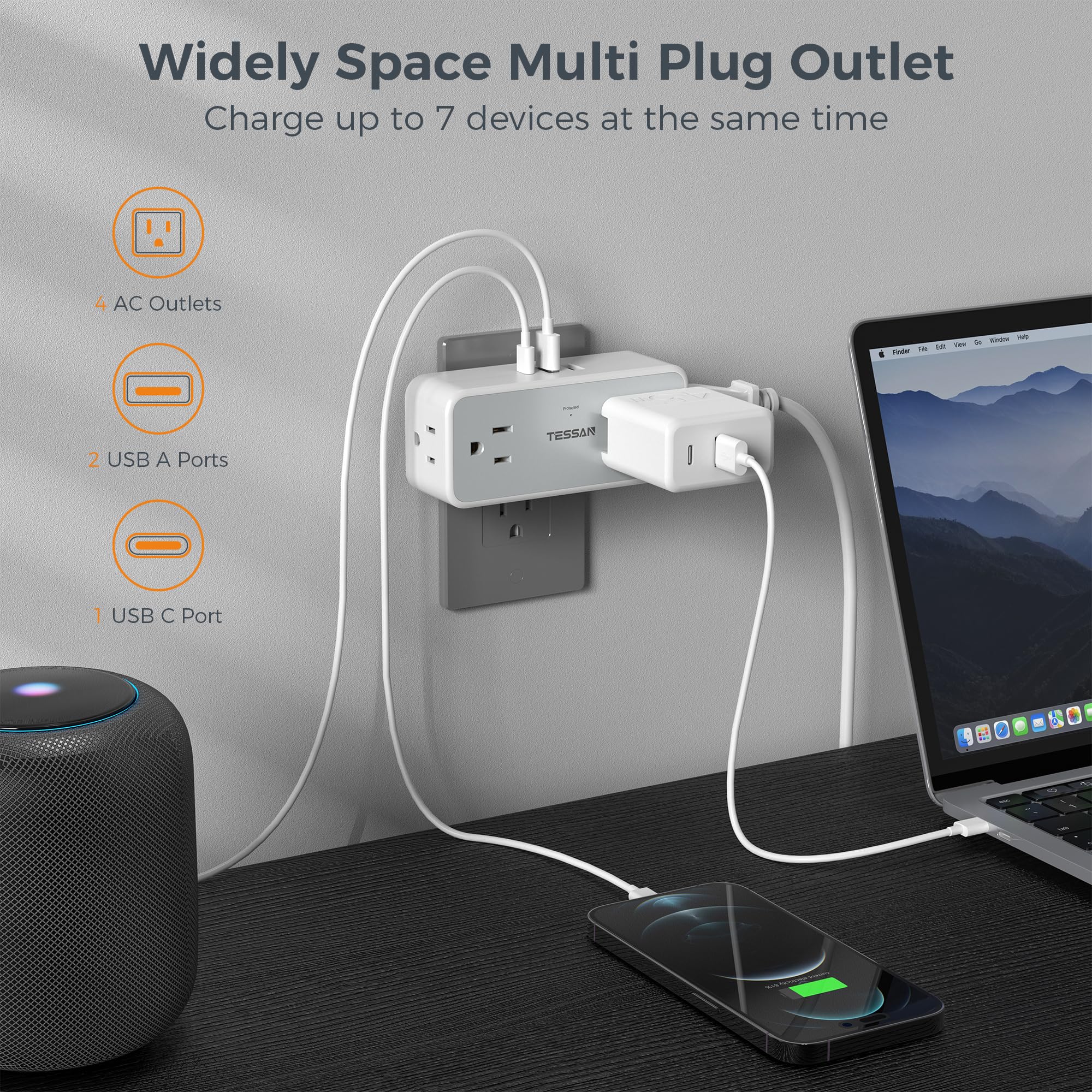 Multi Plug Outlet Splitter, Tessan 4 Wall Outlet Extender With 3 Usb Wall Charger(1 Usb C), Surge Protecter 900J, Widely Spaced
