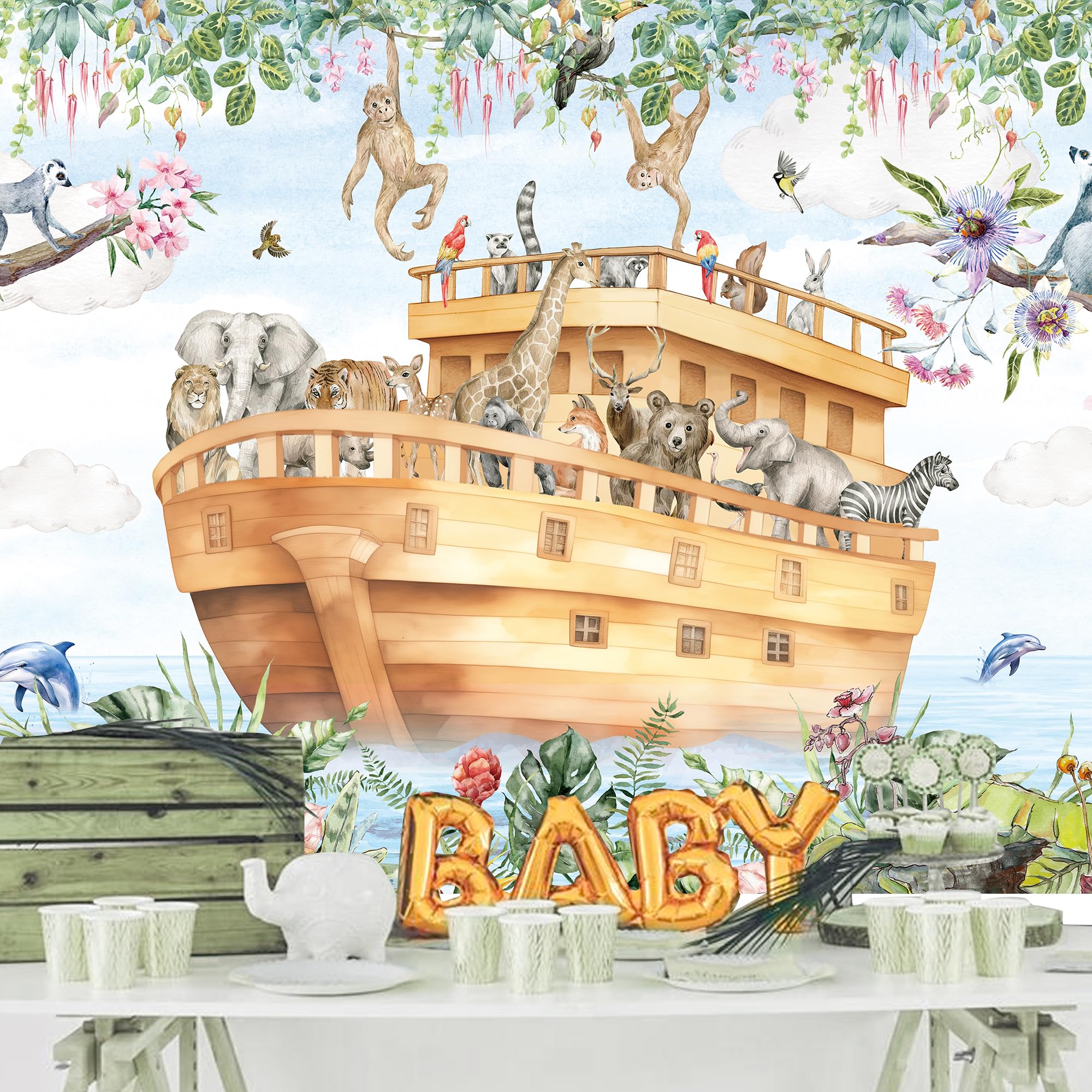 Glawry Noah'S Ark Backdrop For Photography 7Wx5H Feet Cartoon Woodland Animal Safari Jungle Tropical Leaves Plant Newborn Baby S