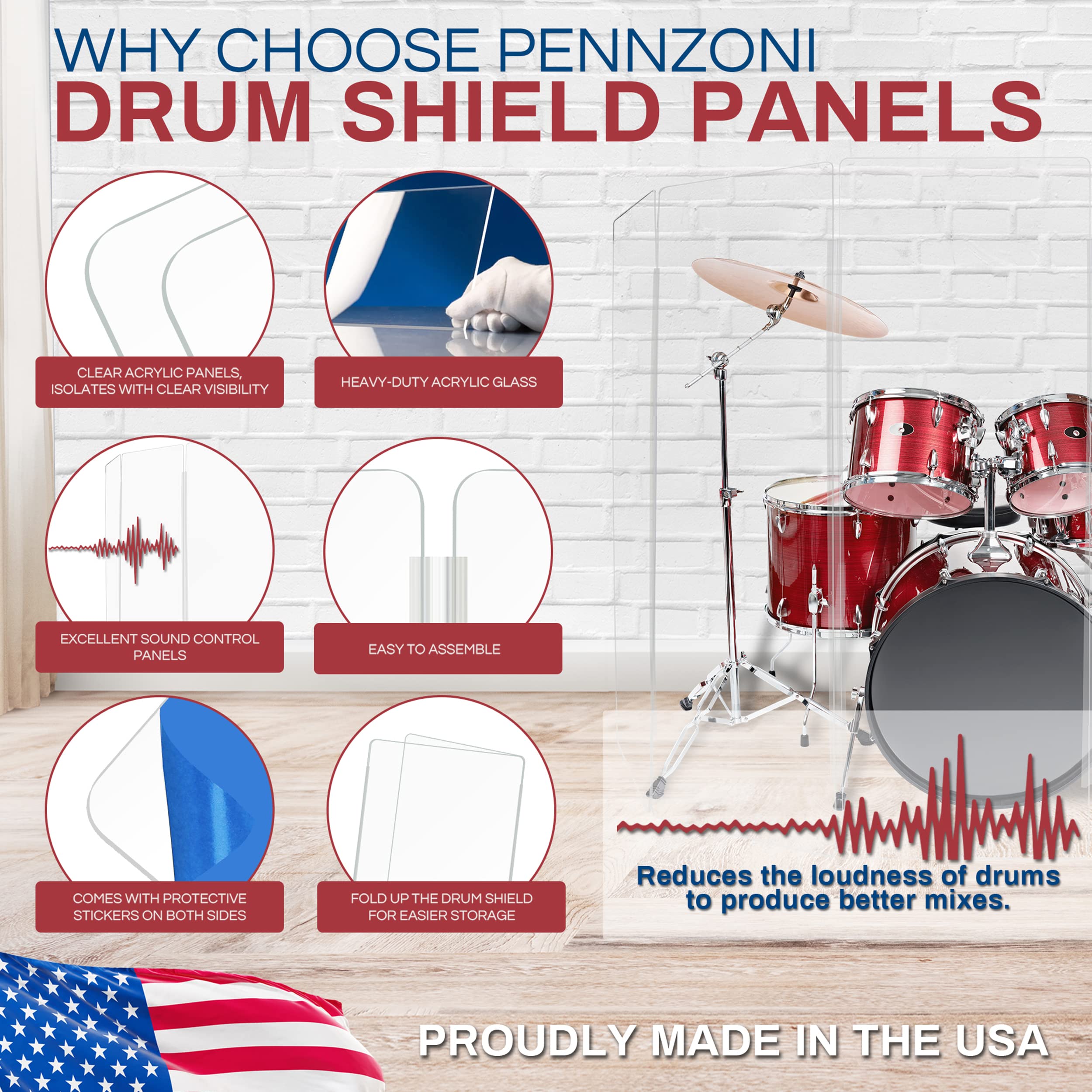 Pennzoni Drum Shield 6Ft W/Plastic Hinges, Comes W/ 4 Drum Panels, & Plastic Hinges, Premium Clear Acrylic Panels, Drum Screen