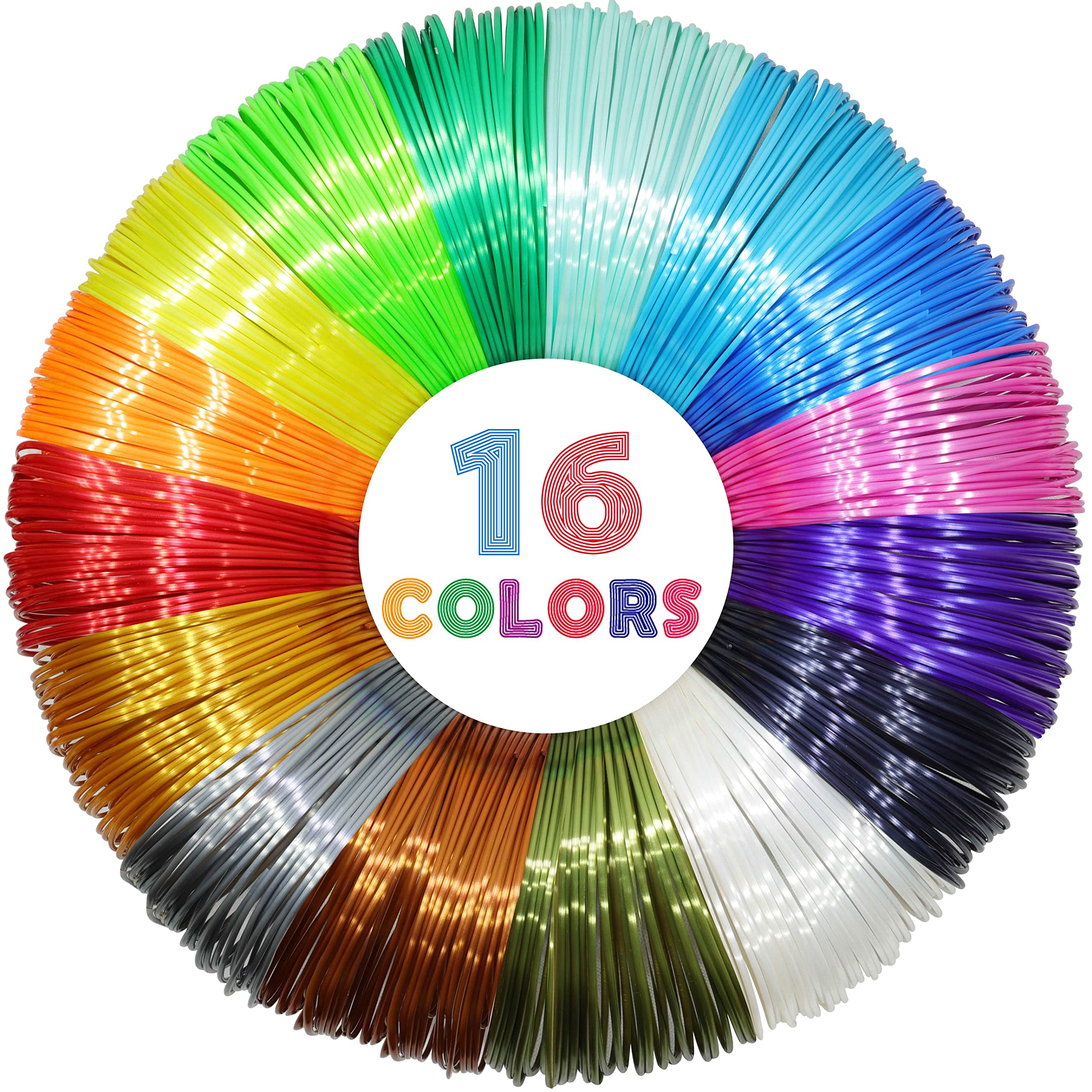 MIKA3D 16 Colors Silk Shiny PLA Filament Sample Pack, Each Color 4 Meter Length, Total 64m Silk Shiny PLA 3D Printer 3D Pen Mate