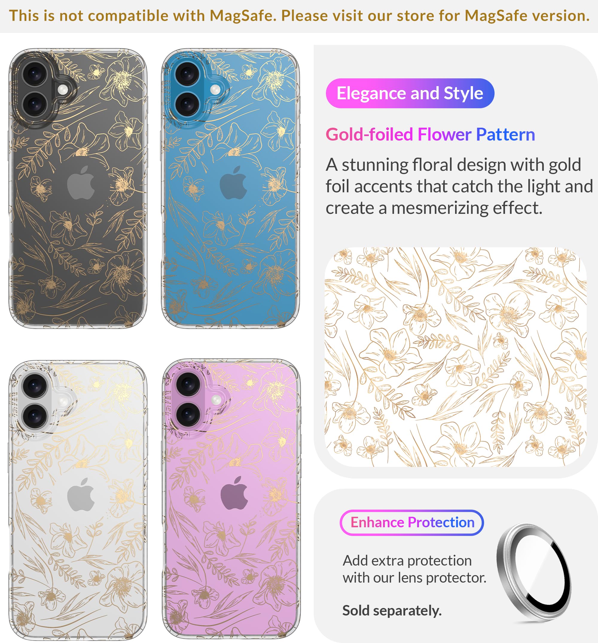 Lonli Hue   For Iphone 16 Plus Case   Gold Floral Phone Case   [360 Shock Absorbent Bumper]   Cute, Unique And Aesthetic Phone C