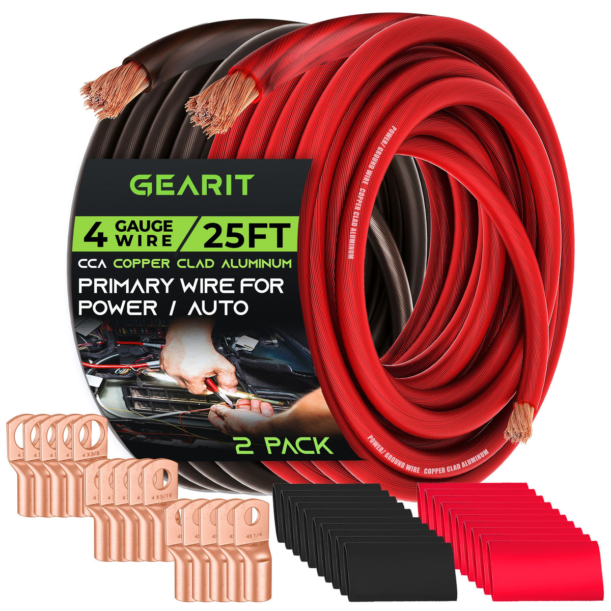 Gearit, 4 Gauge Wire, 15 Lugs, 20 Heat Shrink Wrap, For Automotive, Battery Cable, Amp Kit, Amp, Cca Wire, Wire, Amp Kit, Batter
