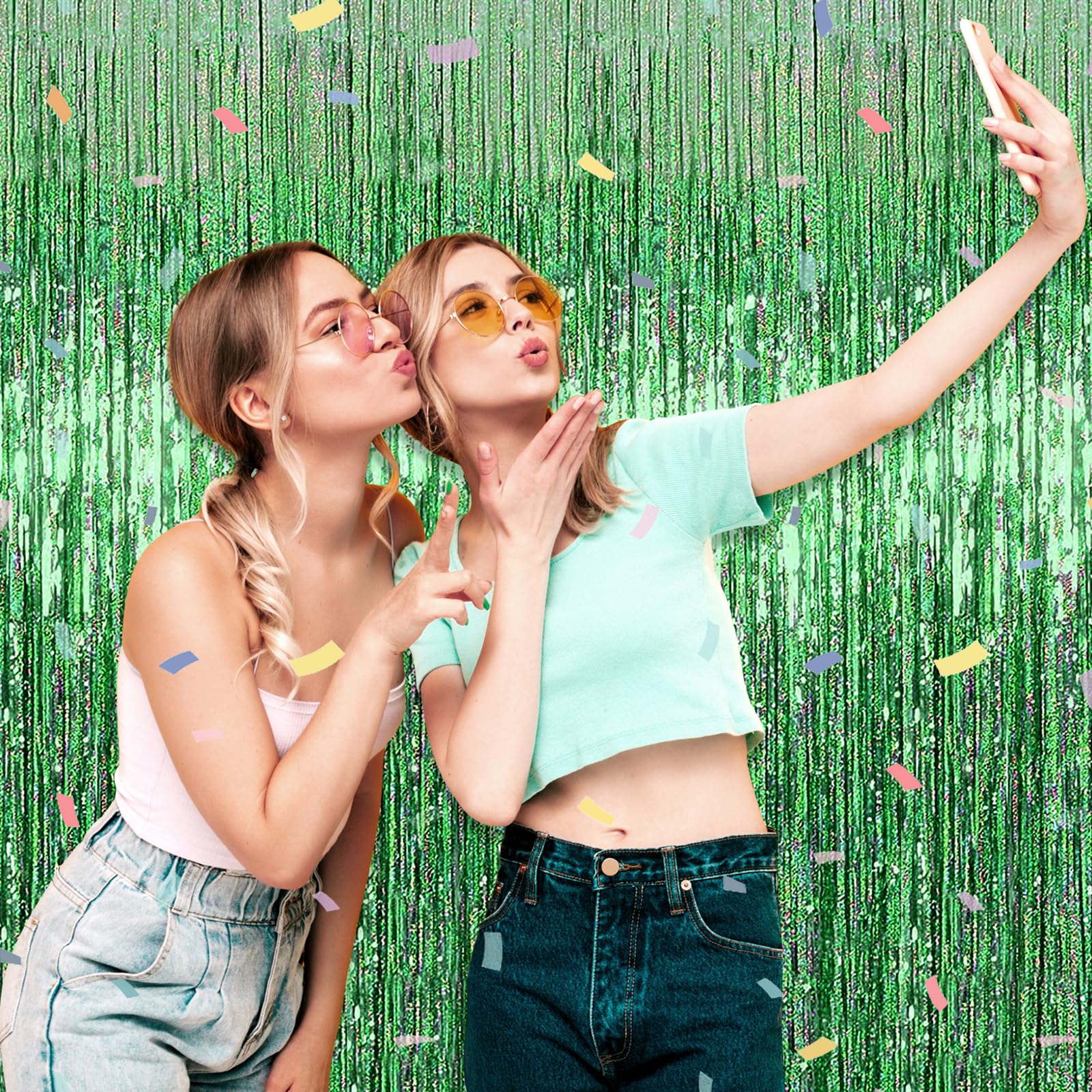 3 Pack Light Green Foil Fringe Curtain Backdrop, 3.28Ft X 8.2Ft Metallic Tinsel Foil Fringe Streamer Curtains For Photo Booth, V