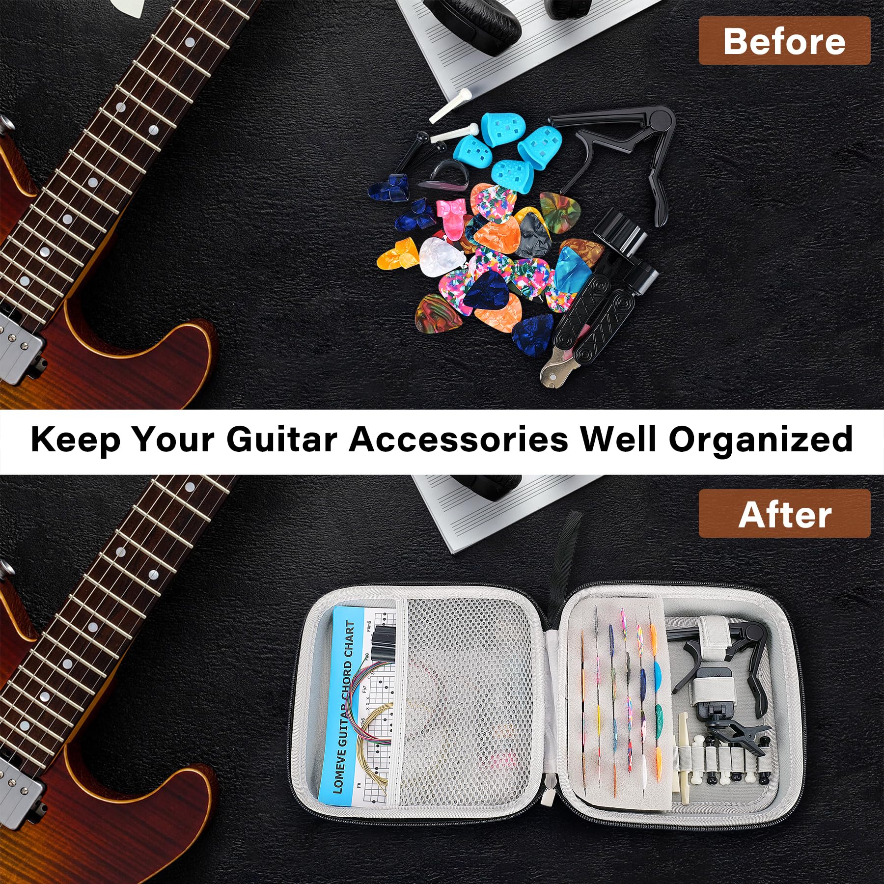 Lomeve 85Pcs Guitar Accessories Kit Holder Case Include Acoustic Strings, Tuner, Capo, 3 In 1 Restring Tool, Picks, Pick Holder,