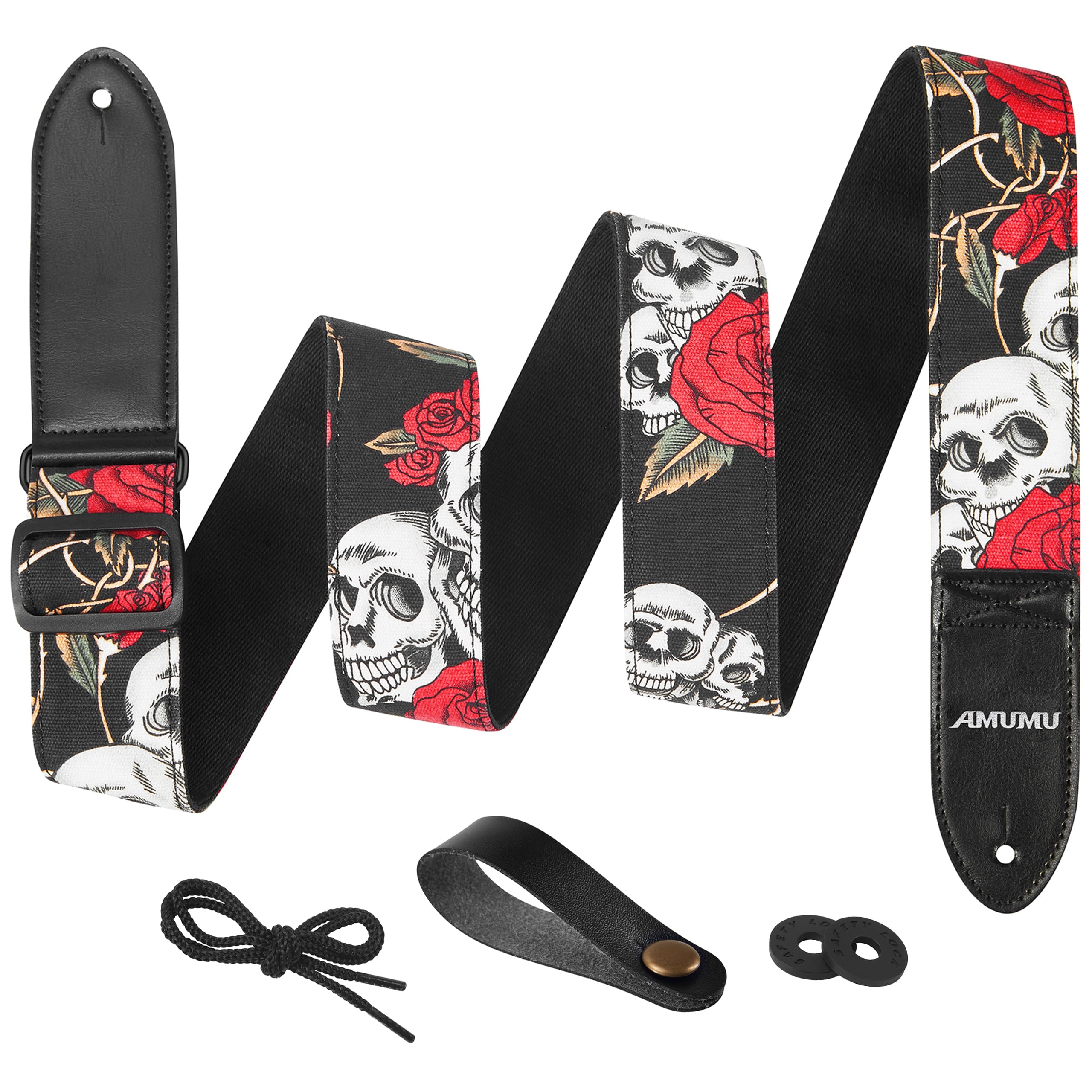 Amumu Skull Rose Guitar Strap Red Denim For Acoustic, Electric And Bass Guitars With Strap Blocks & Headstock Strap Tie   2'' Wi