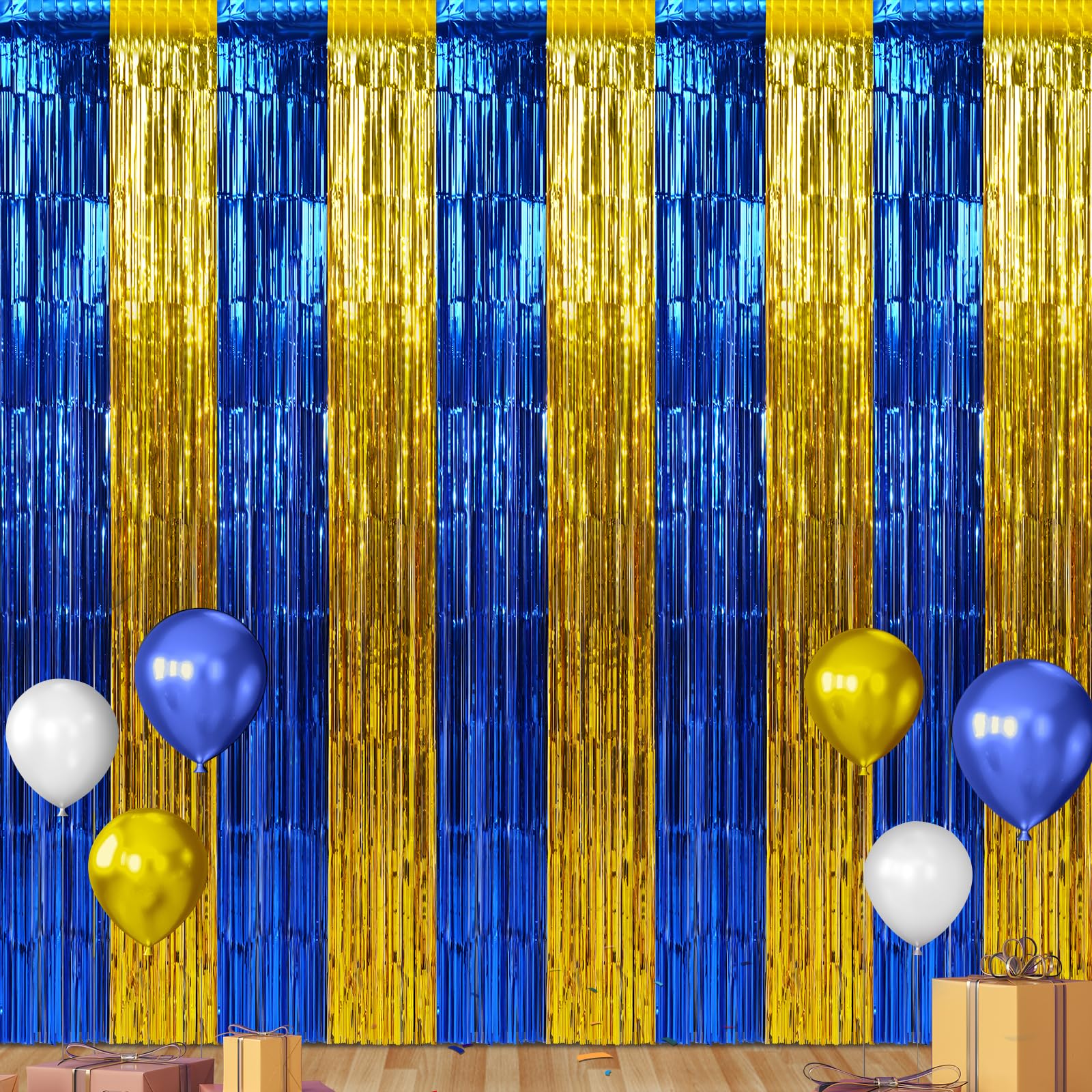 6 Pack 3.3Ft X 6.6Ft Graduation Foil Fringe Curtain Backdrop Decorations, Blue Gold Metallic Tinsel Foil Streamers Curtain Photo
