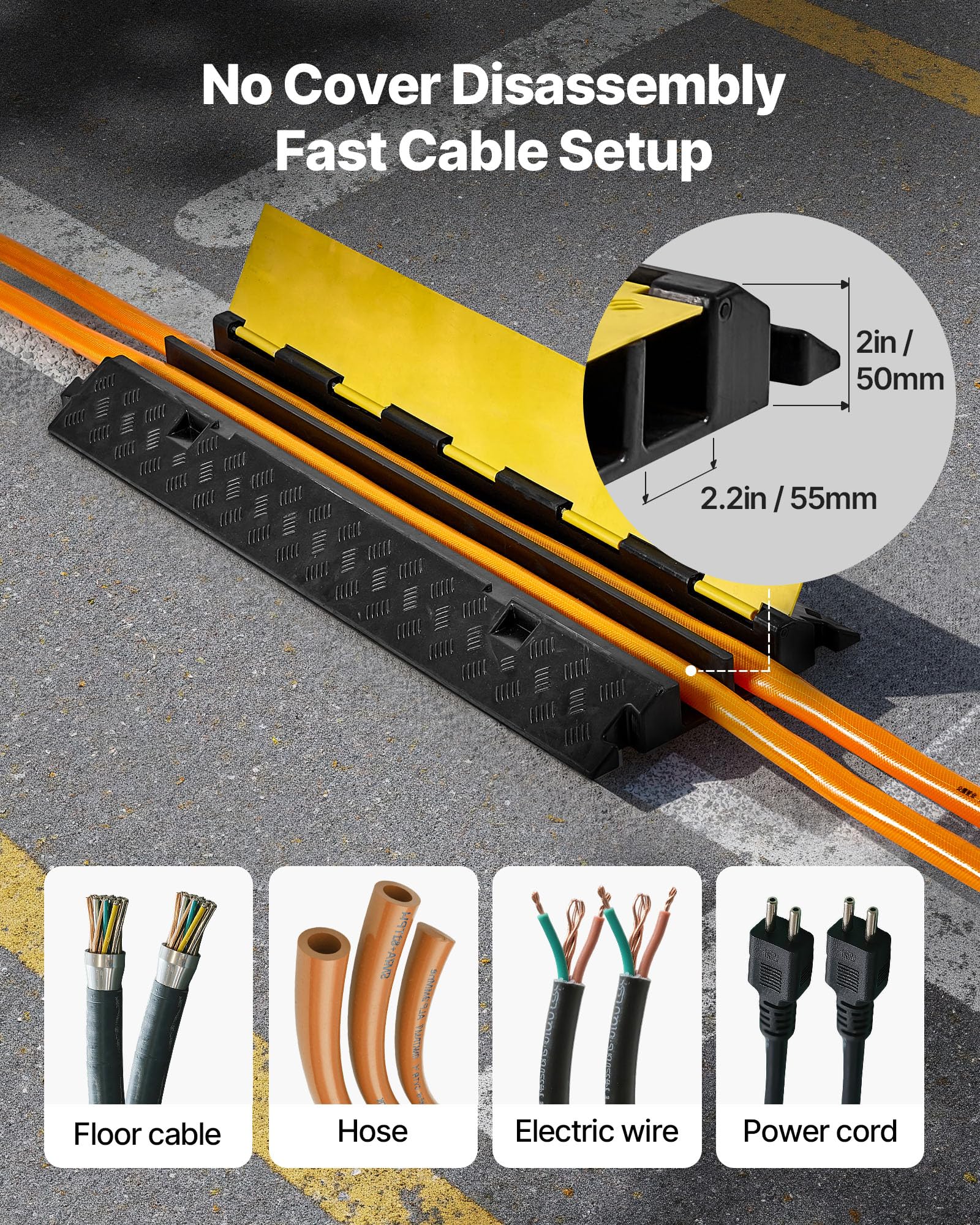 Vevor Cable Protector Ramp, 2 Channel Heavy Duty 39.37 Rubber Cord Hose Wire Cover, 2.2W X 2H Channel Size, Traffic Speed