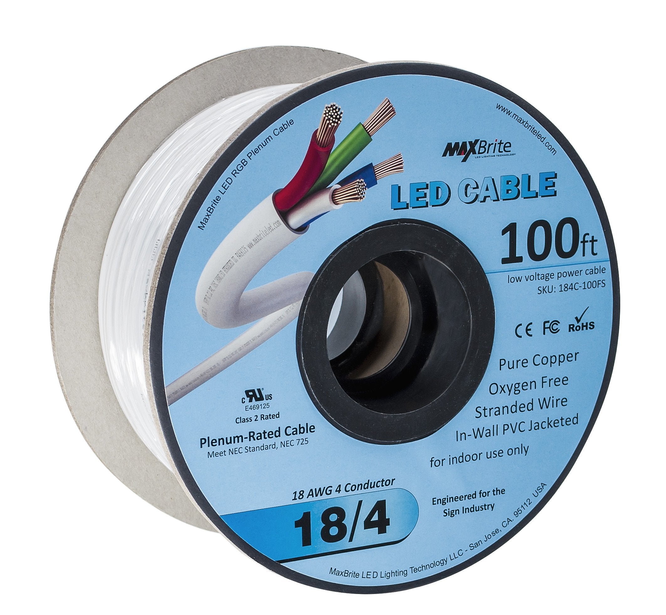 Led Cable 4 Conductor Jacketed In Wall Speaker Wire Ul/Cul Class 2 (100Ft. Spool)