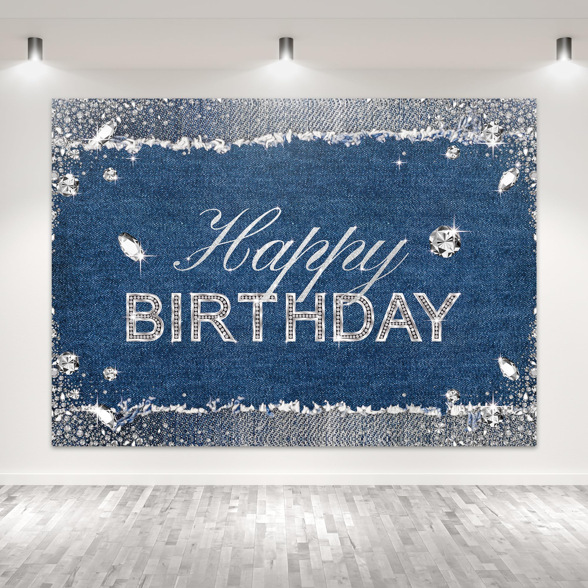 Glawry Denim Diamonds Birthday Backdrop 7Wx5H Feet Sparkle Shining Navy Blue Modern Luxury Crystal Girls Happy Birthday Party De