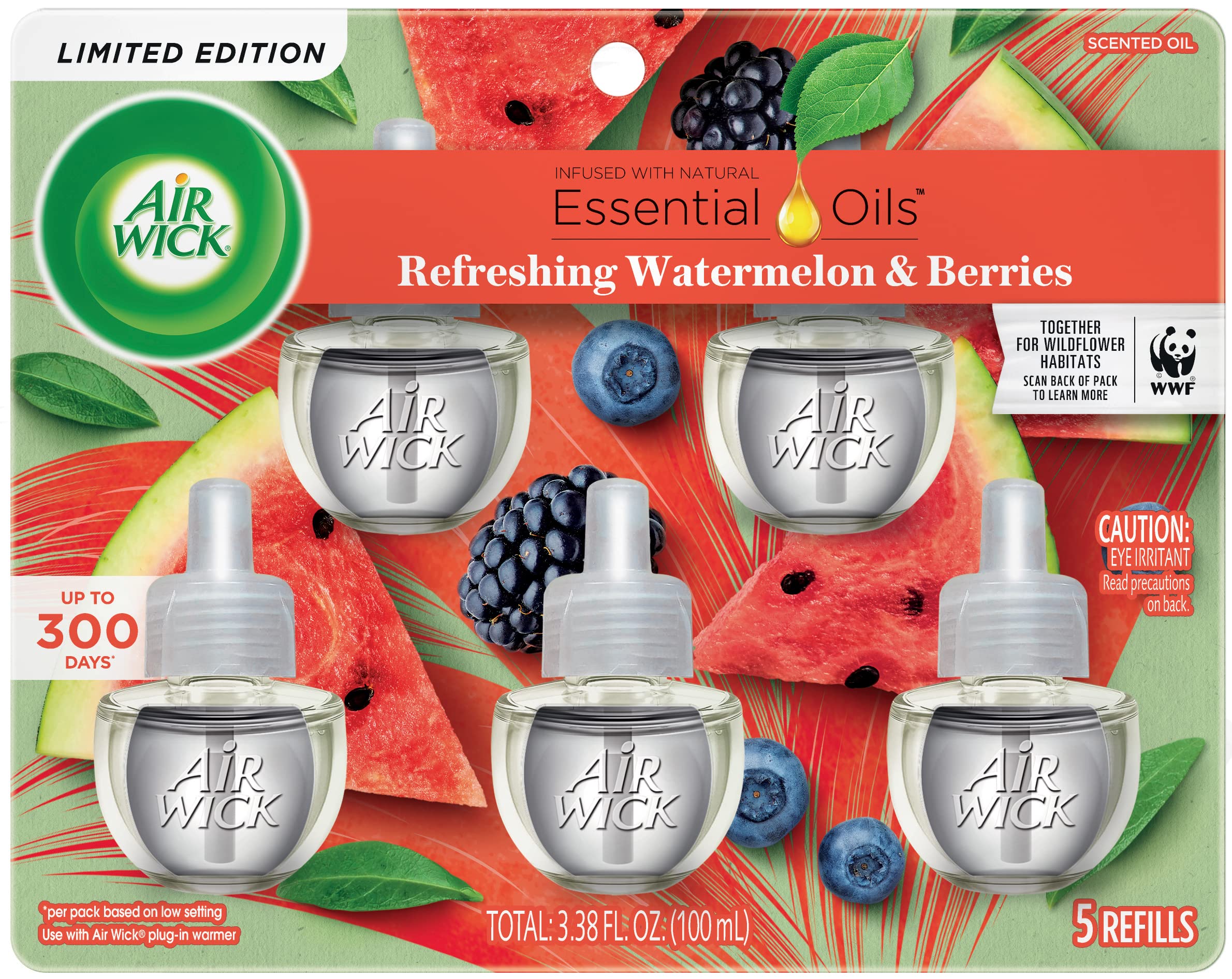 Air Wick Plug In Scented Oil Refill, 5 Ct, Fresh Watermelon & Berries, Air Freshener, Essential Oils, Spring Collection