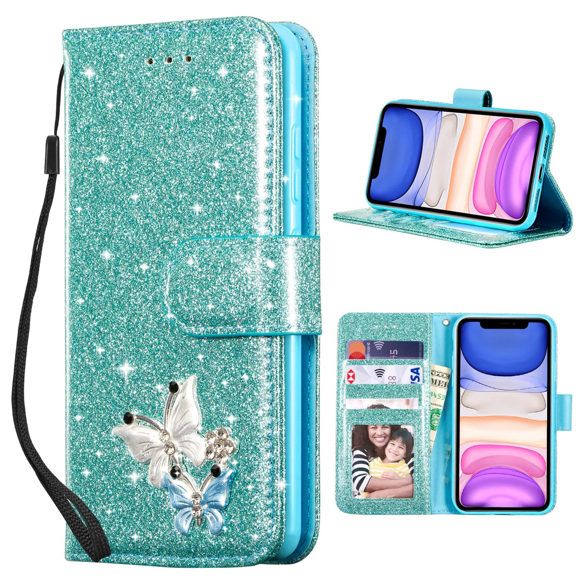Ueebai Wallet Case For Iphone 11 6.1 Inch, Premium Glitter Pu Leather Phone Case Card Slots Kickstand Case Magnetic Closure Blin