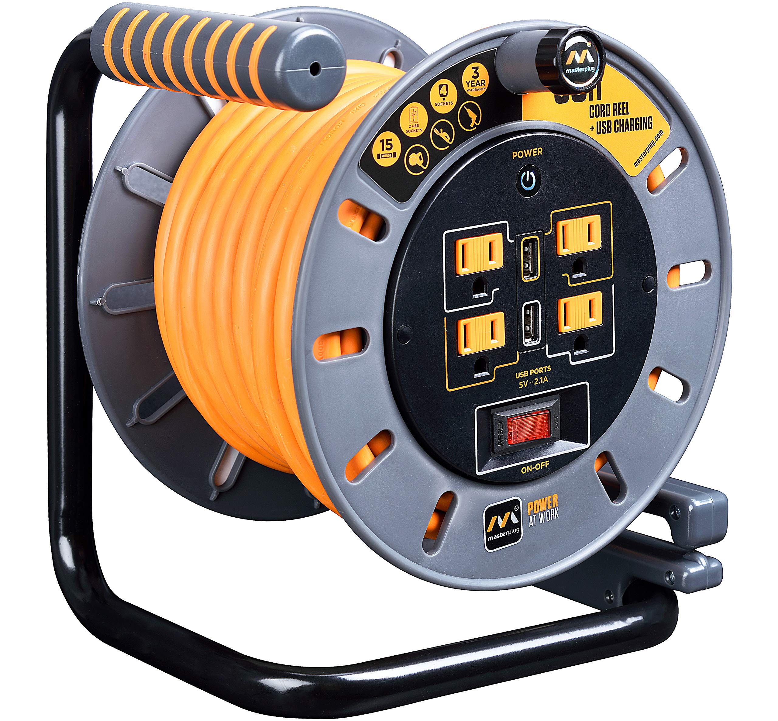 Masterplug 50Ft Cord Reel, Retractable Extension Lead With Winding Handle, Safety Overload Circuit Breaker And Power Switch, 4X