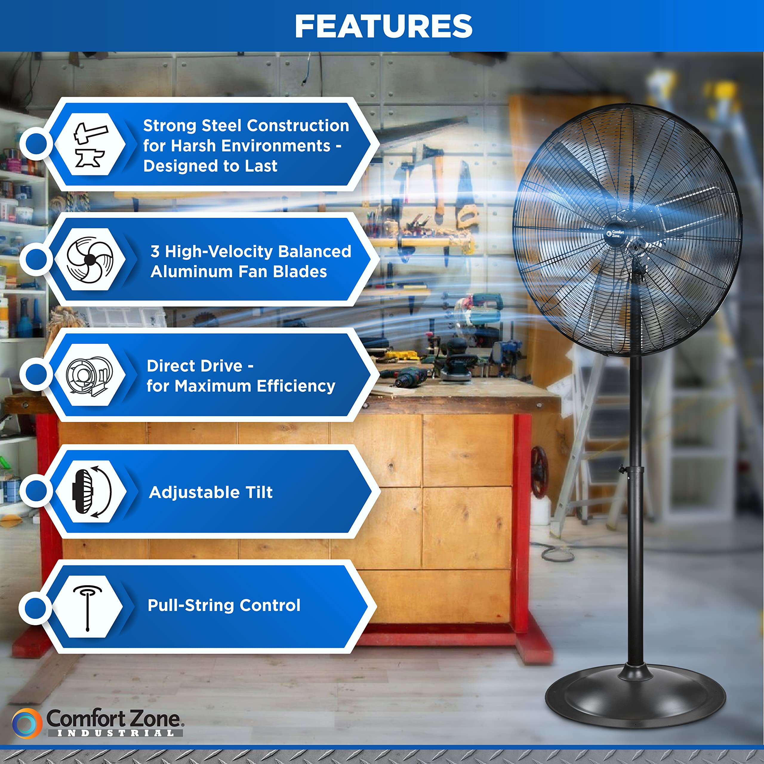 Comfort Zone Industrial Pedestal Fan, 30 Inch, 3 Speed, High Velocity, Adjustable Height 56    To 76   , Metal, Meets Osha Stand