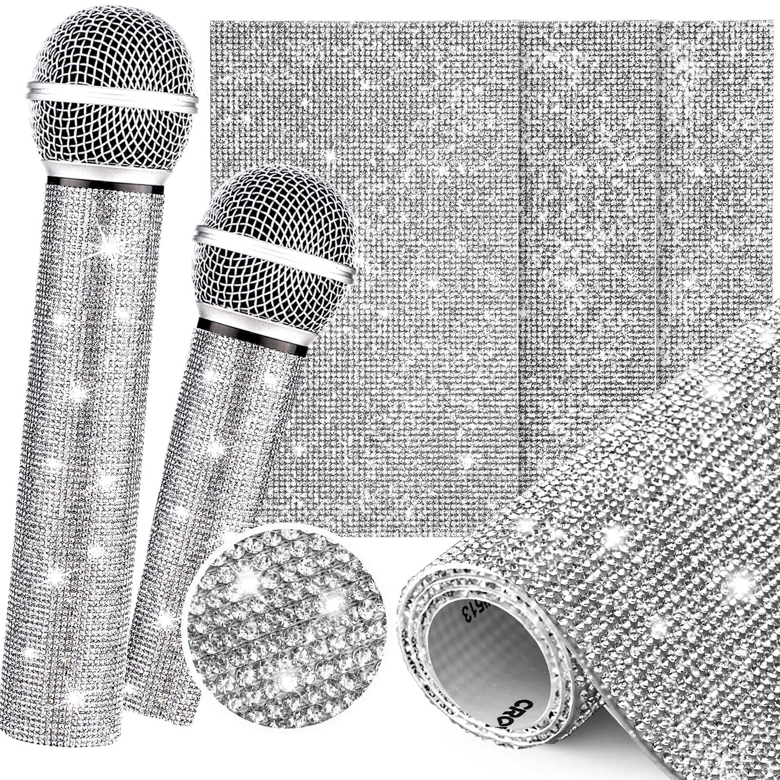 Facmogu 3Pcs Microphone Handle Cover Stickers, Bling Rhinestone Sheets Self Adhesive Microphone Sleeve Sparkly Glitter Mic Handl