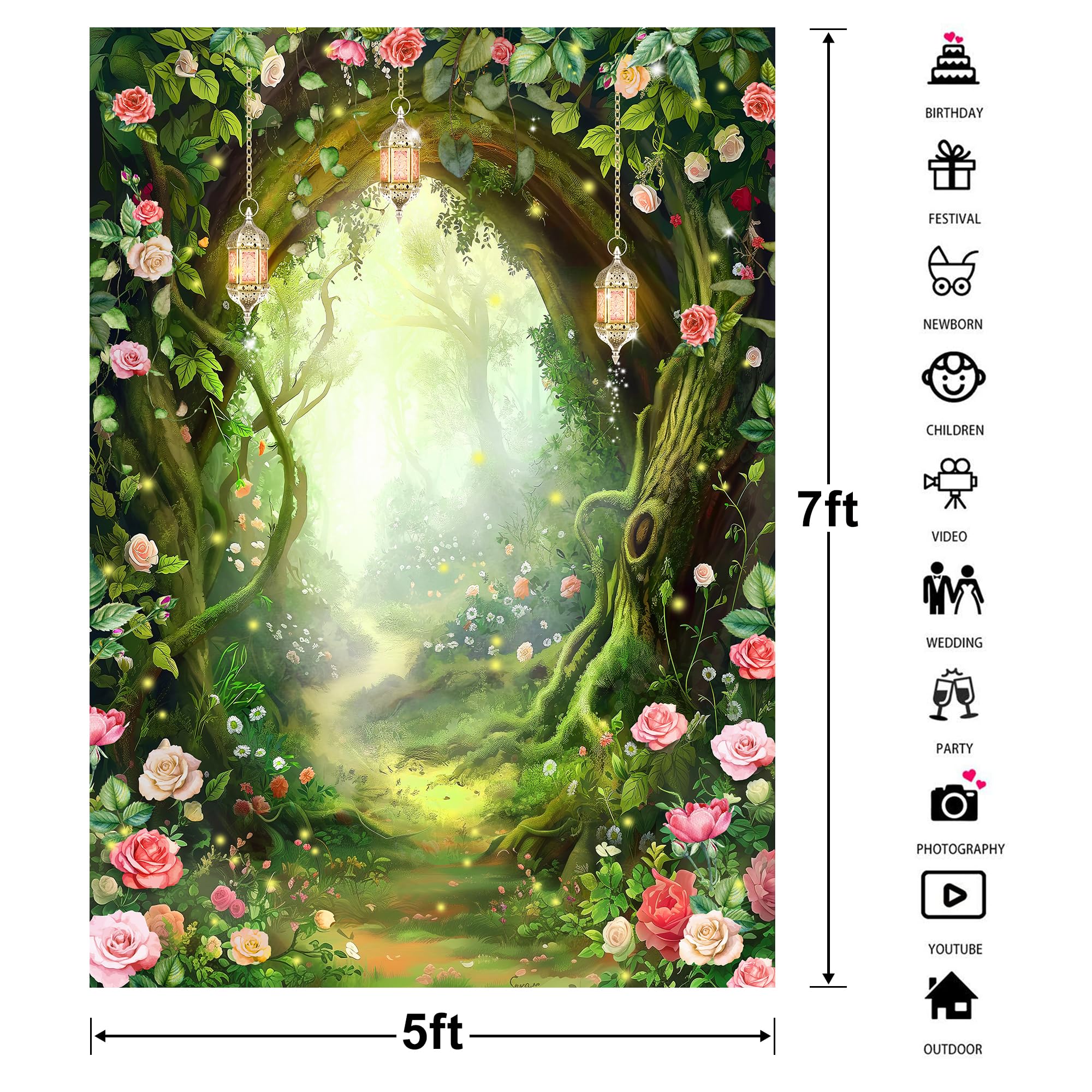 Riyidecor Enchanted Fairy Backdrop Polyester Fabric Greenery Woodland Tale Wonderland Flower Rose Fantasy Spring Nature Tree 5Wx