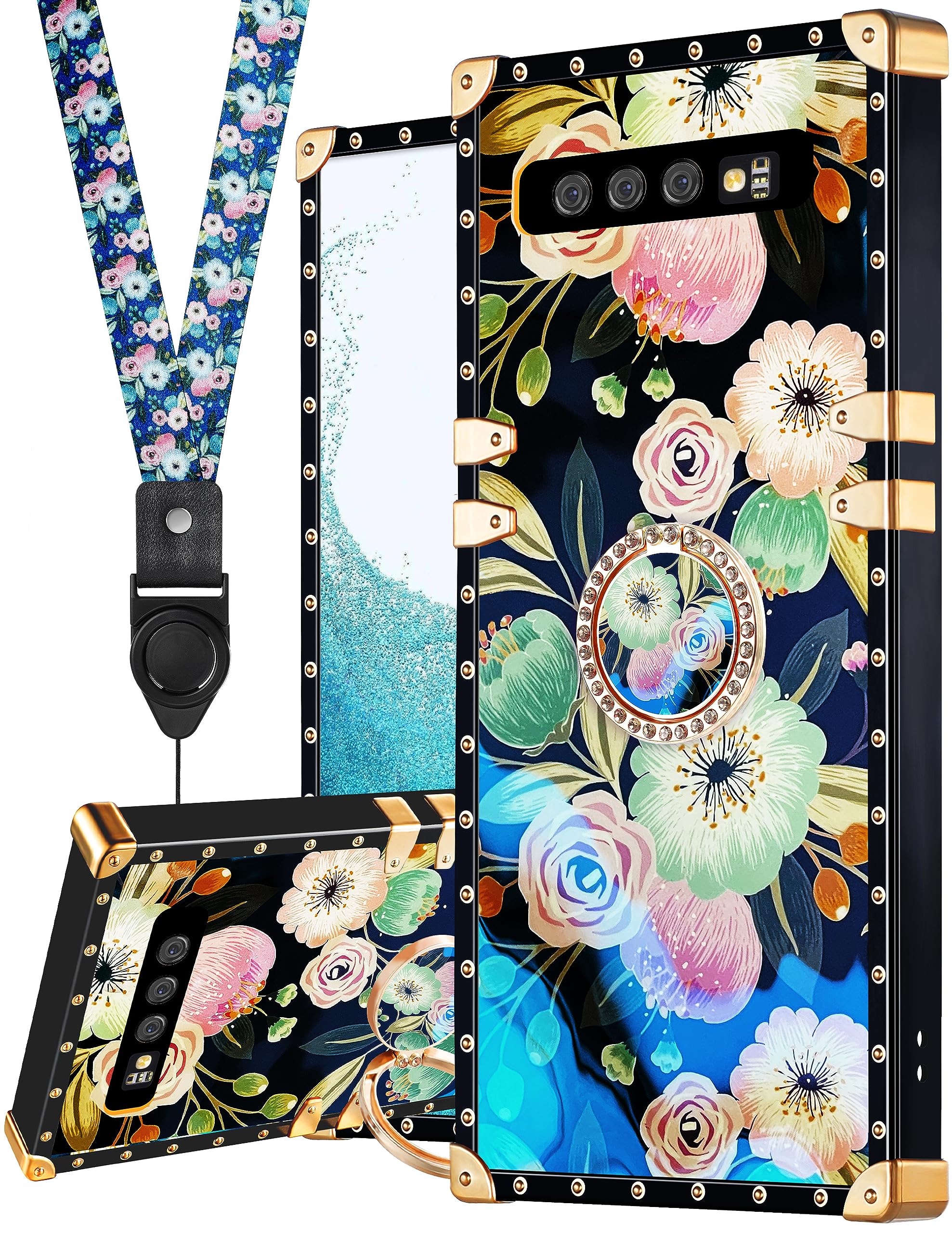 Loheckle For Samsung Galaxy S10 Case For Women, Designer Square Cases For Galaxy S10 With Ring Stand Holder And Lanyard, Stylish