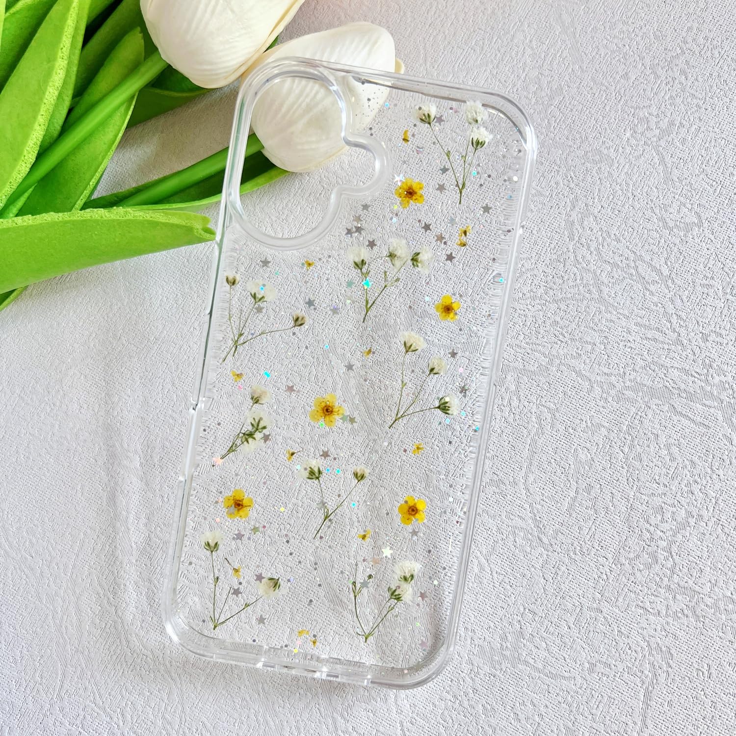 Lseeka For Iphone 16 Clear Case With Pressed Real Flowers Design,Glitter Cute Yellow Floral Pattern Slim Soft Tpu Protective Wom