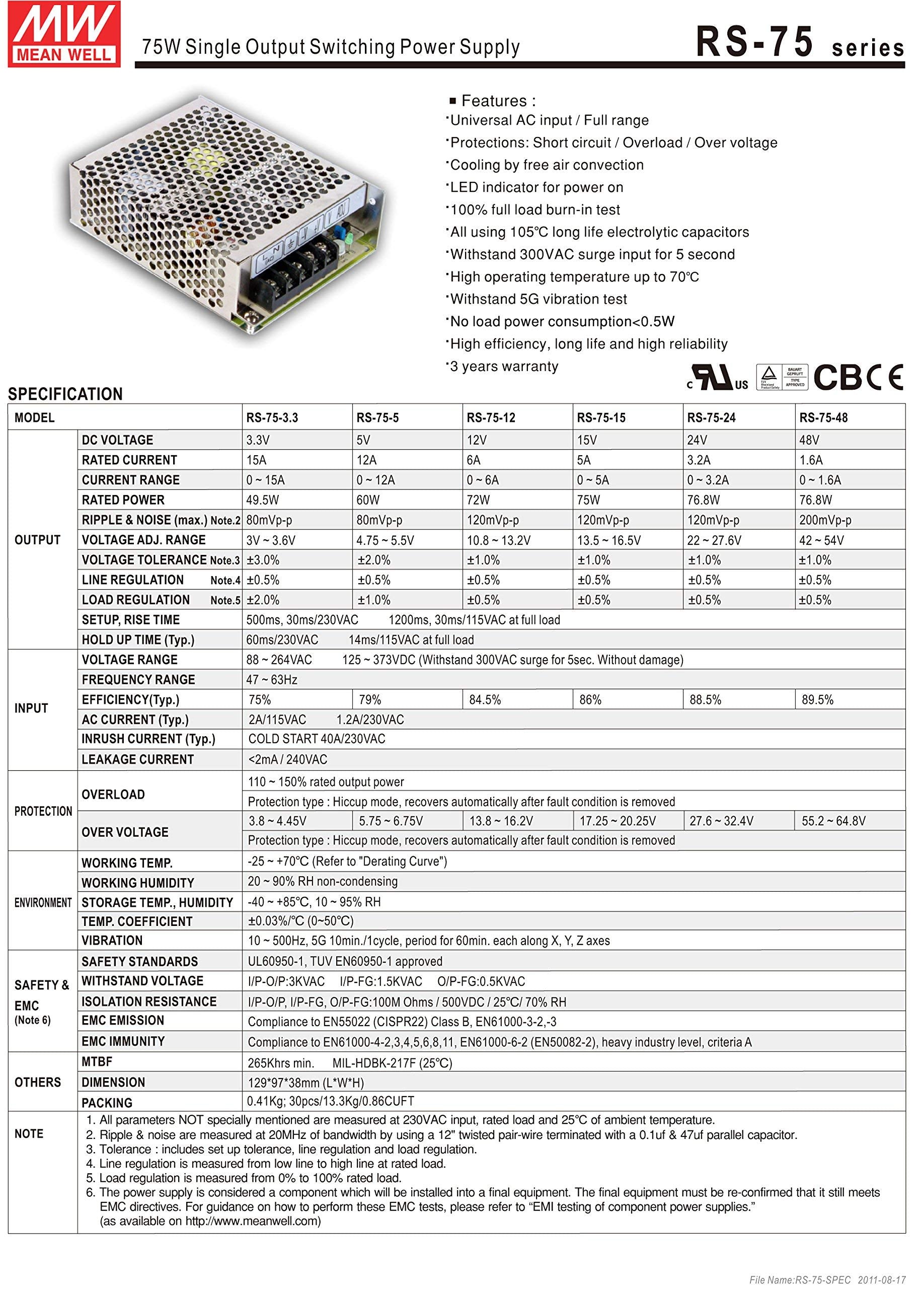Mean Well Rs 75 12 Ac To Dc Power Supply, Single Output, 12V, 6 Amp, 72W, 1.5'   323599