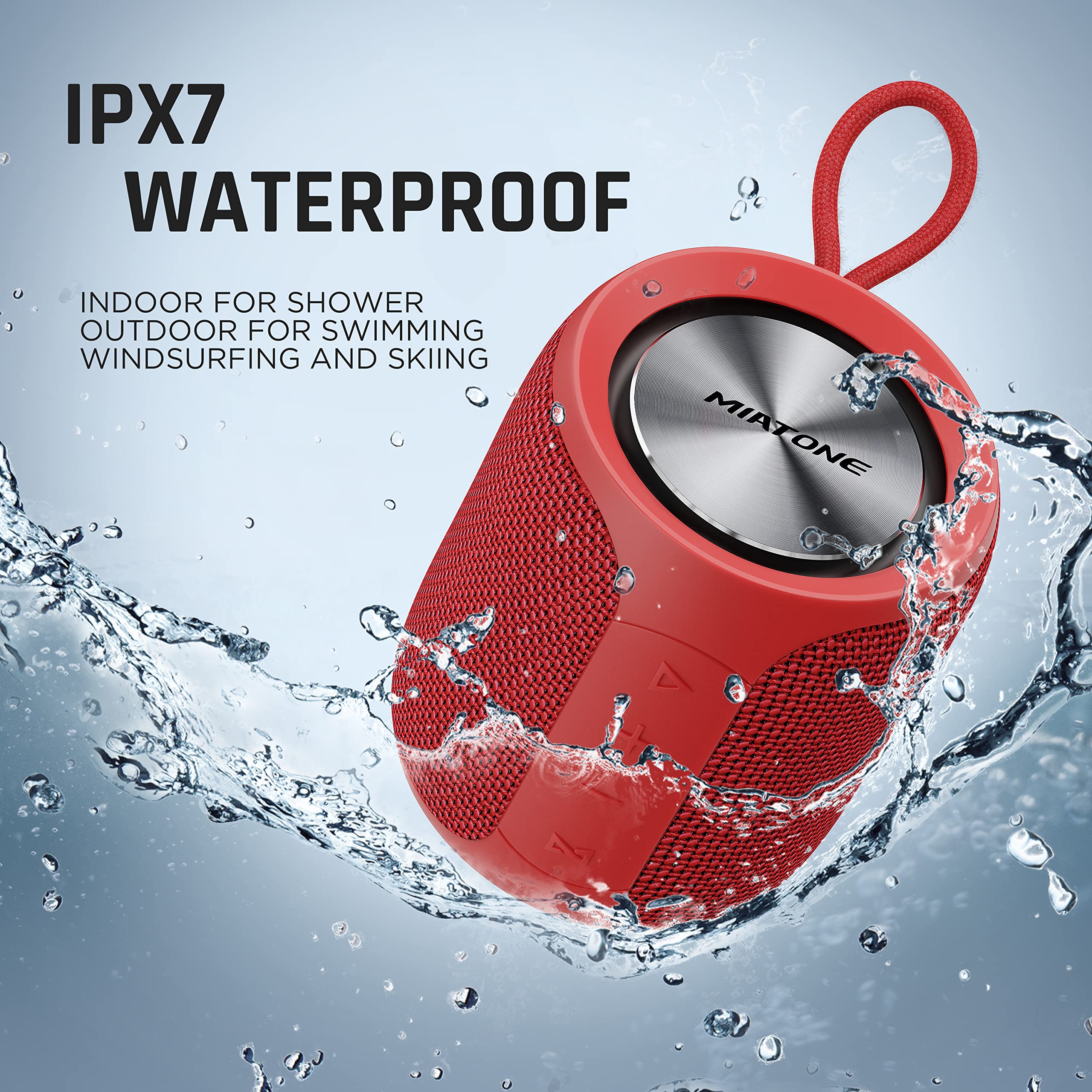 Miatone Qbox Portable Bluetooth Speakers, Wireless Outdoor Speaker, Ipx7 Waterproof For Shower, Red