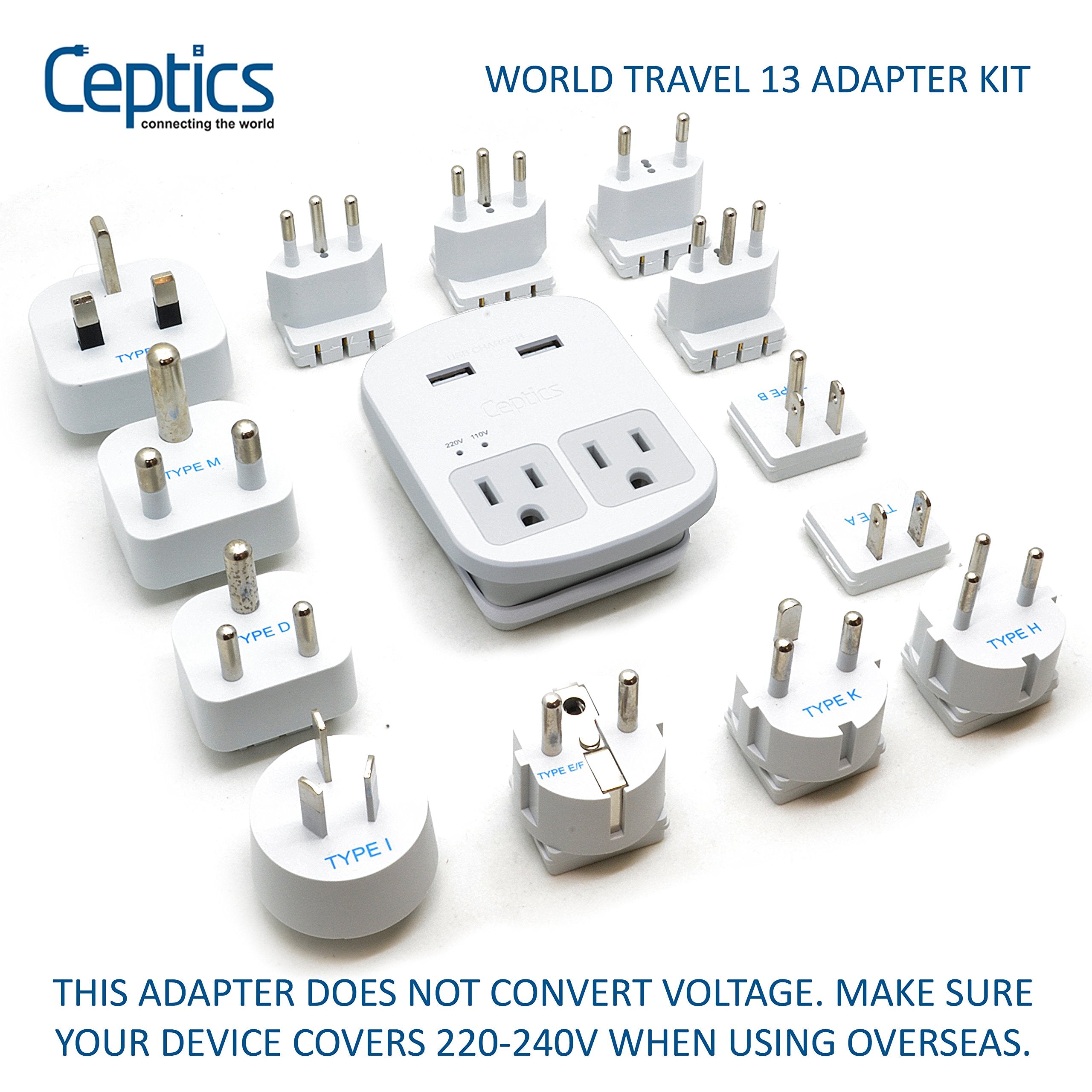 Ceptics International Plug Adapter Kit, World Safest Grounded 13 Adaptor Set Dual Usb Ports   Travel Anywhere   Business Use   P