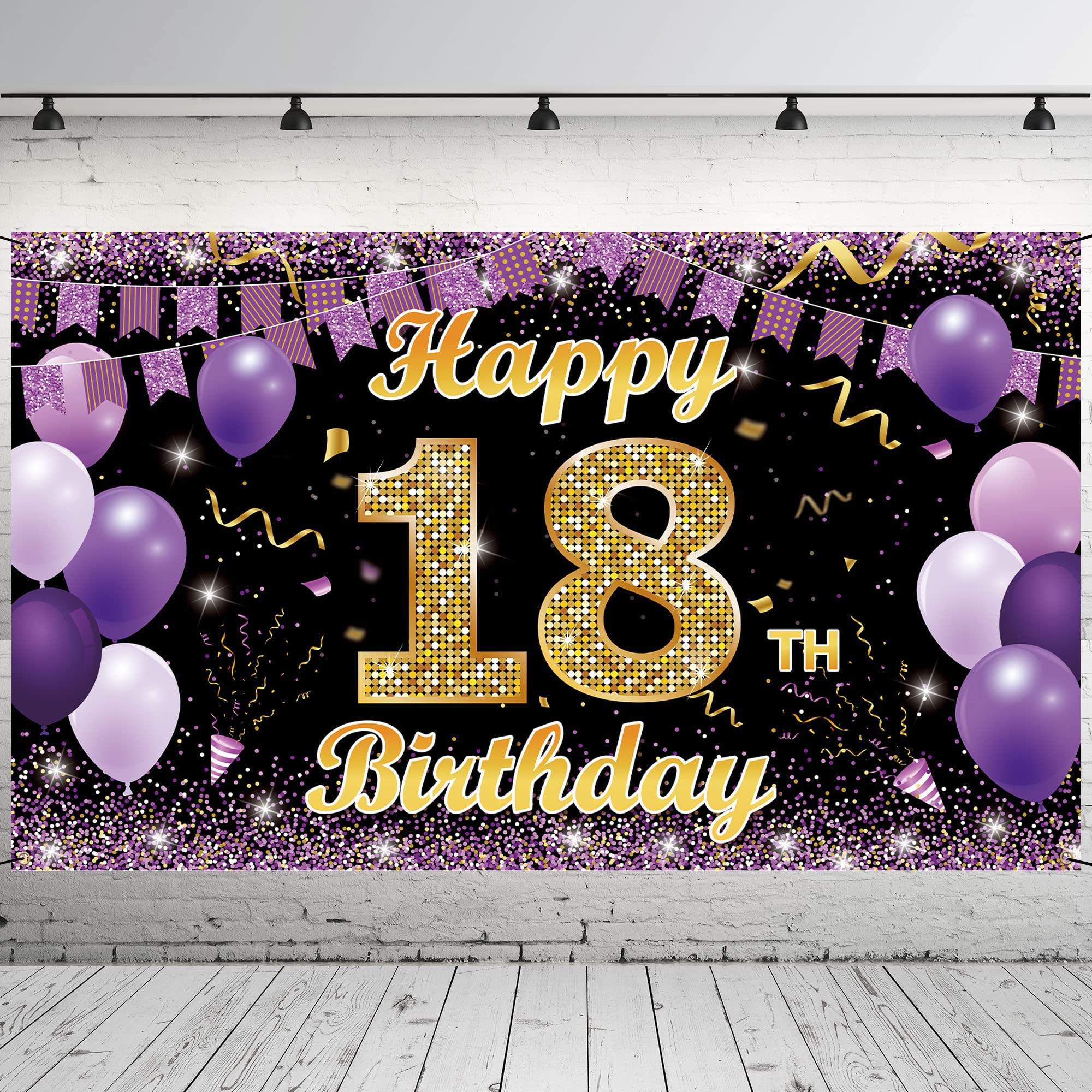 18Th Birthday Decoration Backdrop Banner, Happy 18Th Birthday Decorations For Girls, Gold Purple 18 Birthday Party Photo Booth P