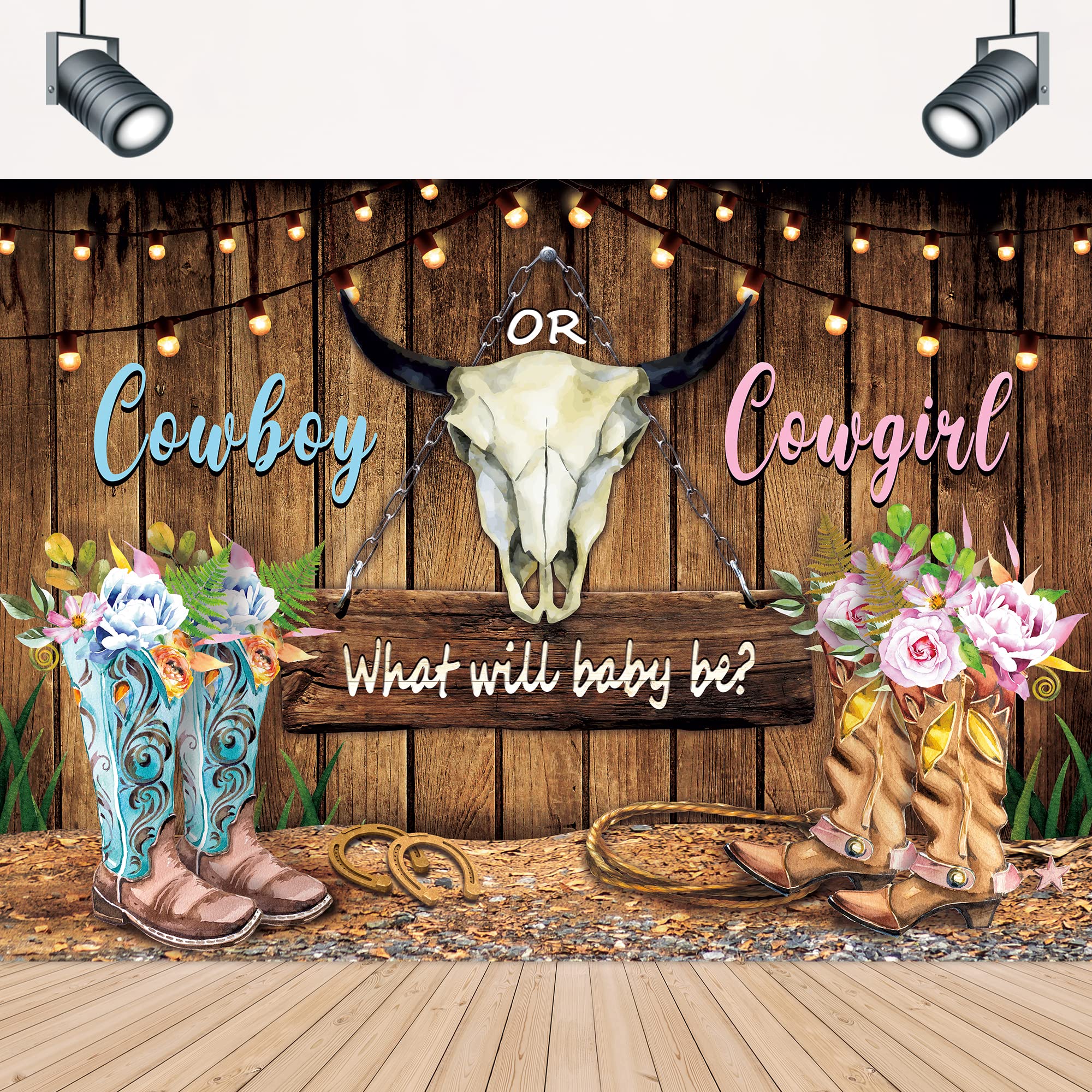 Lightinhome Western Gender Reveal Backdrop 7Wx5H Feet Floral Rustic Wood Cowboy Or Cowgirl What Will Baby Be Boots Baby Shower P