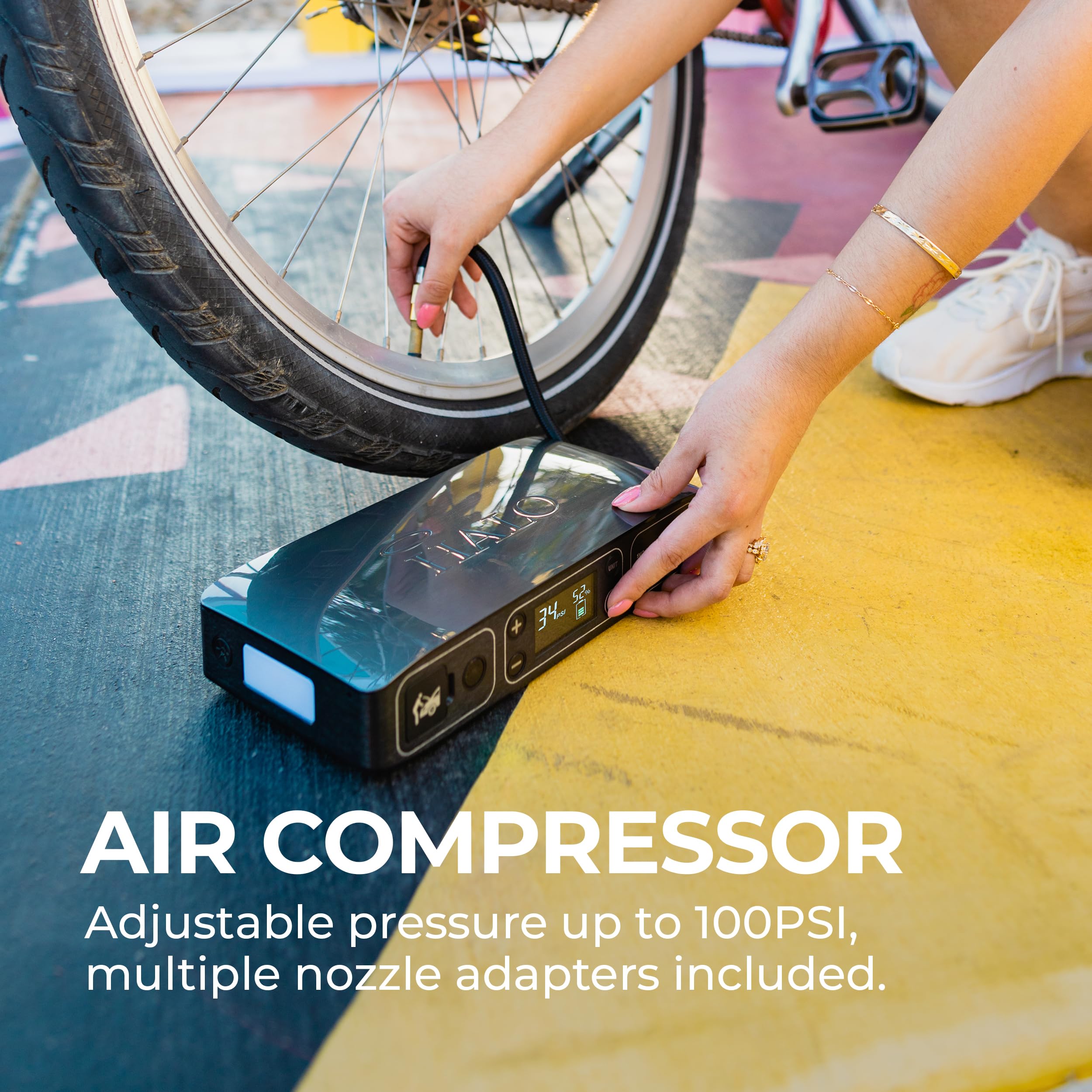 Halo Automotive Bolt Air 58830 Mwh Portable Emergency Power Kit With Tire Pump, 4 Interchangeable Nozzles, Extra Accessory Kit,