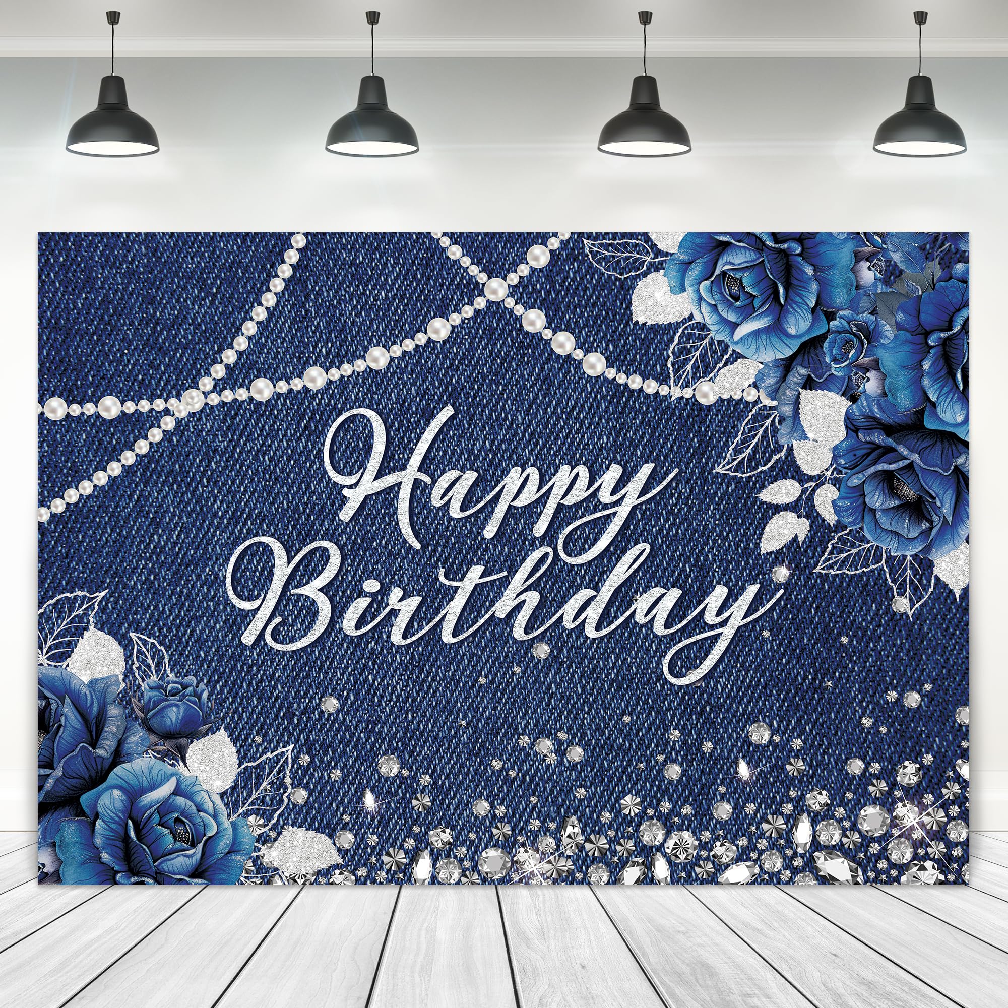 Ufeela Denim Diamonds Birthday Backdrop 7Wx5H Feet Fabric Polyester Navy Blue Silver Floral Rose Modern Luxury Sparkle Shining P