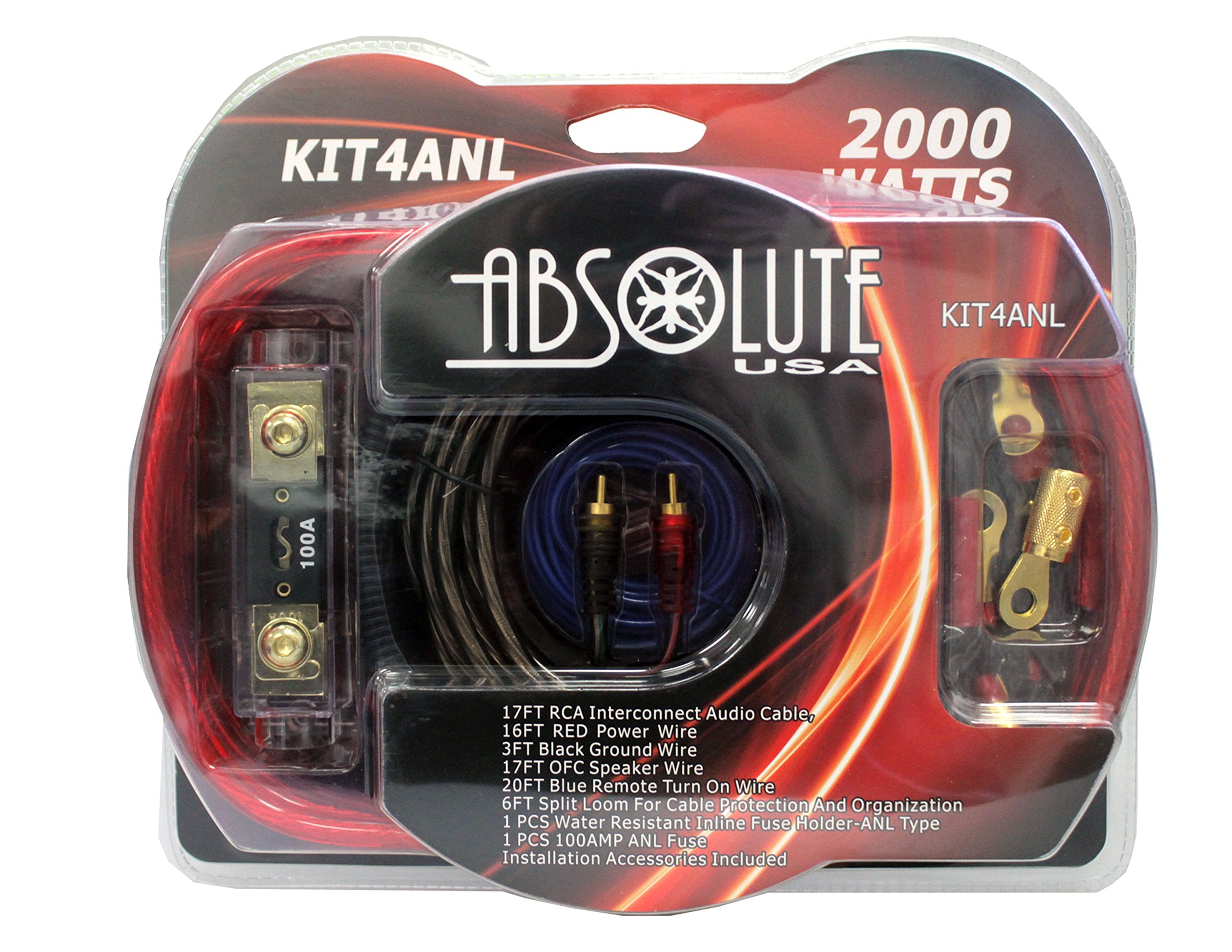 Absolute Usa Kit4Anl 4 Gauge 2000W P.M.P.O Complete Amplifier Hookup Kit