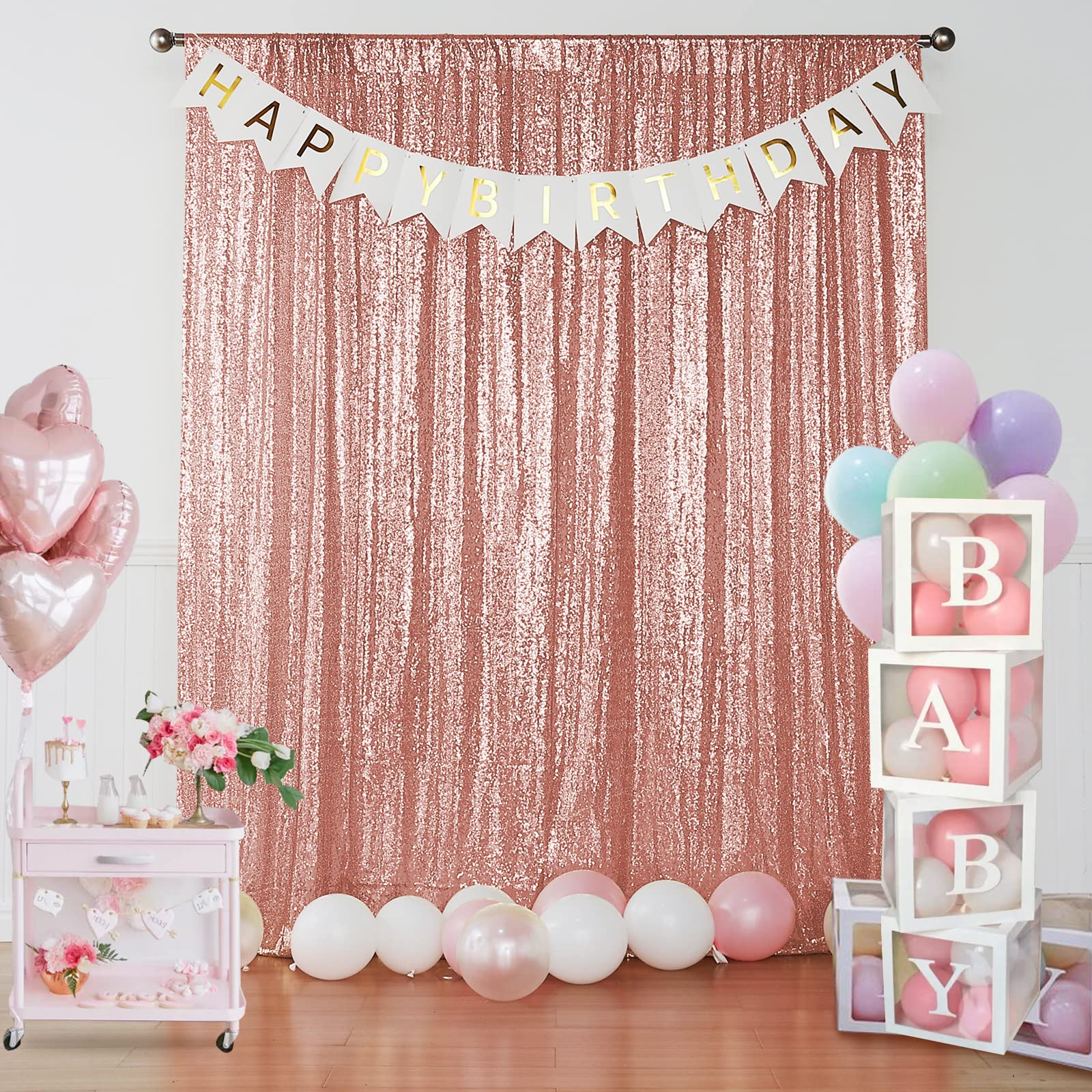 Sugargirl Rose Gold Sequin Backdrop Curtain 4 Panels 2Ftx8Ft Glitter Rose Gold Background Drapes Sparkle Photography Backdrop Fo