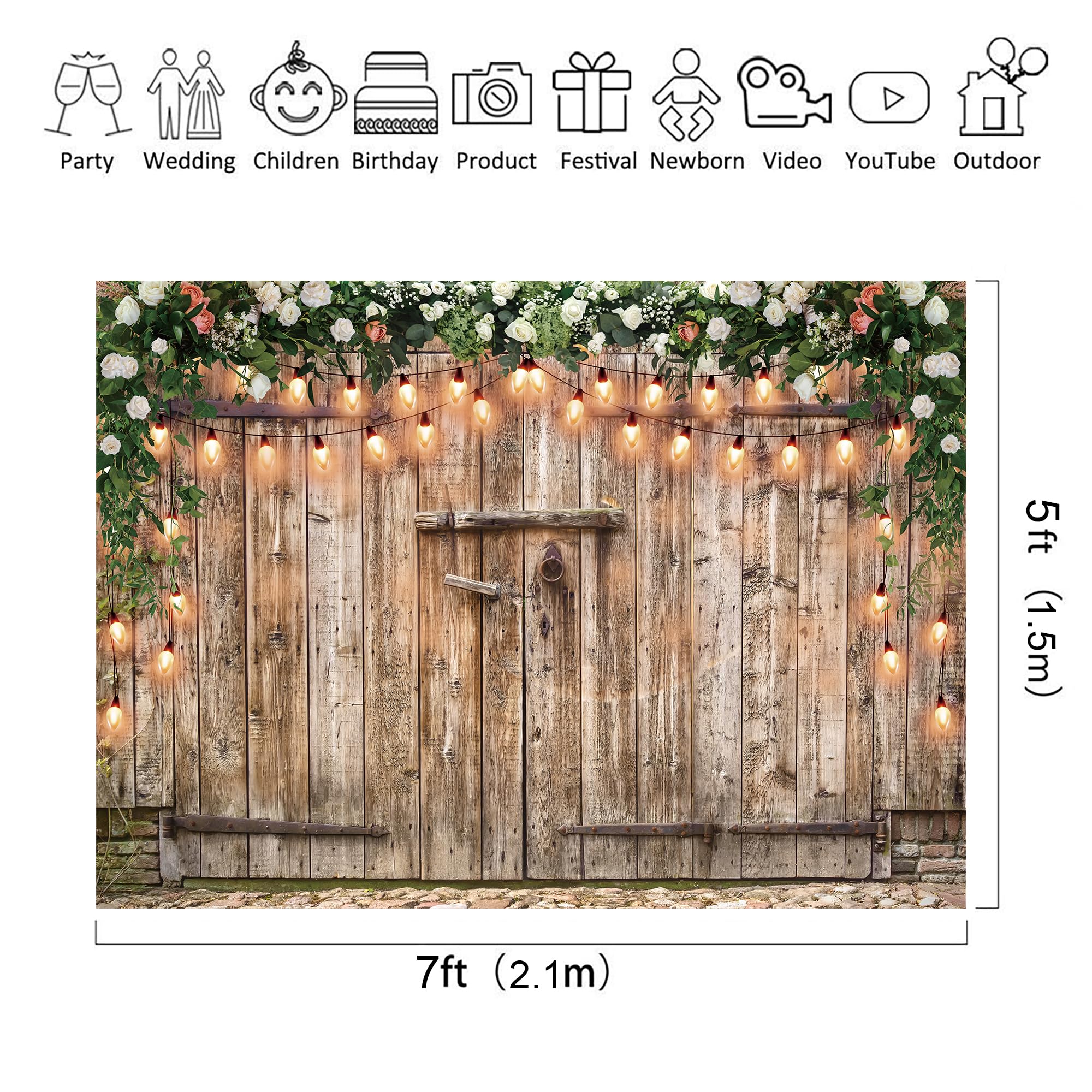 Riyidecor Rustic Backdrop Polyester Fabric Barn Door Photography Backgrounds 7Wx5H Feet Western Wood Plank Green Grass Leaves Fl