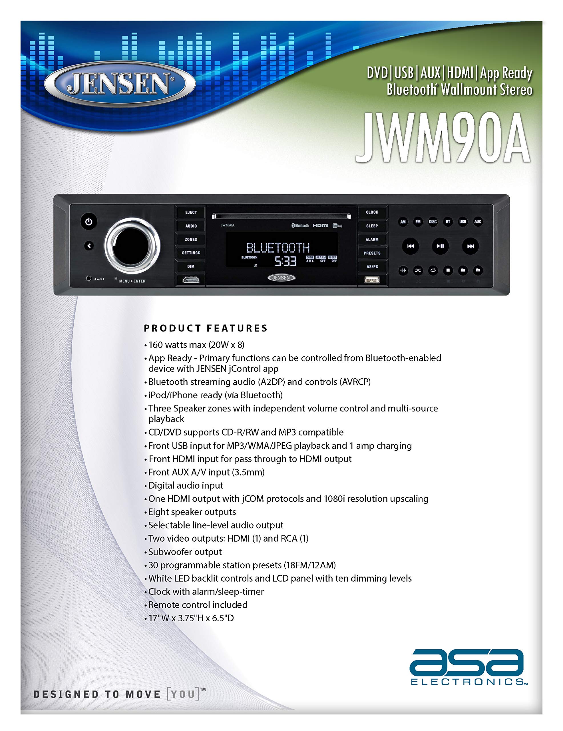 Jensen Jwm90A Slimline 3 Zone Source Theater Style Bluetooth Wallmount Stereo With App Control, Dvd/Cd R/Rw & Mp3 Compatible, Du