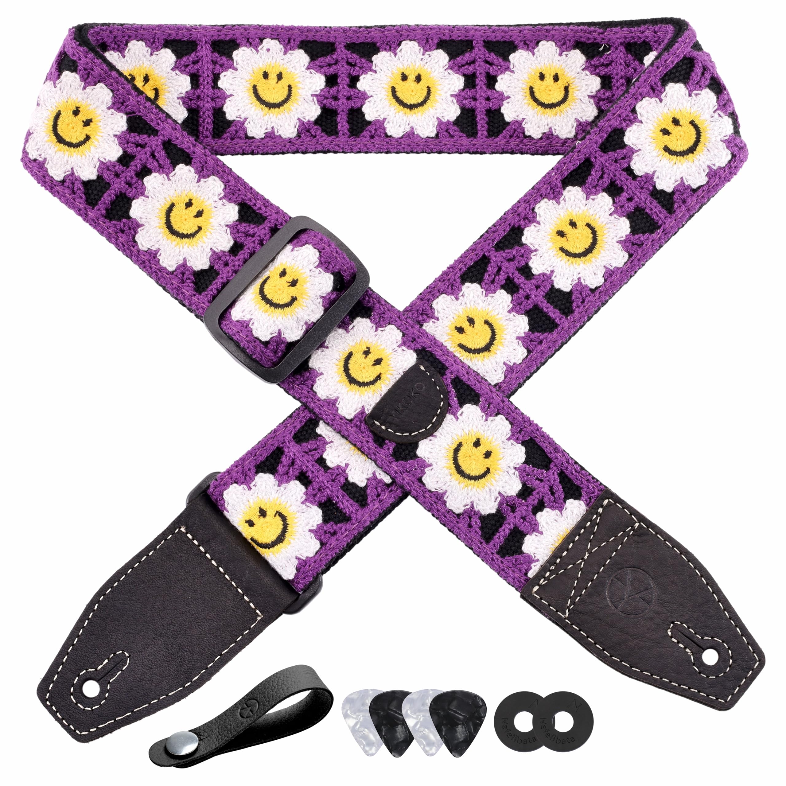 YIKOKO Guitar Strap, 2 inch Smiley Flower Knit Guitar Straps with Full Grain Leather End, for Bass Electric and Acoustic Guitars