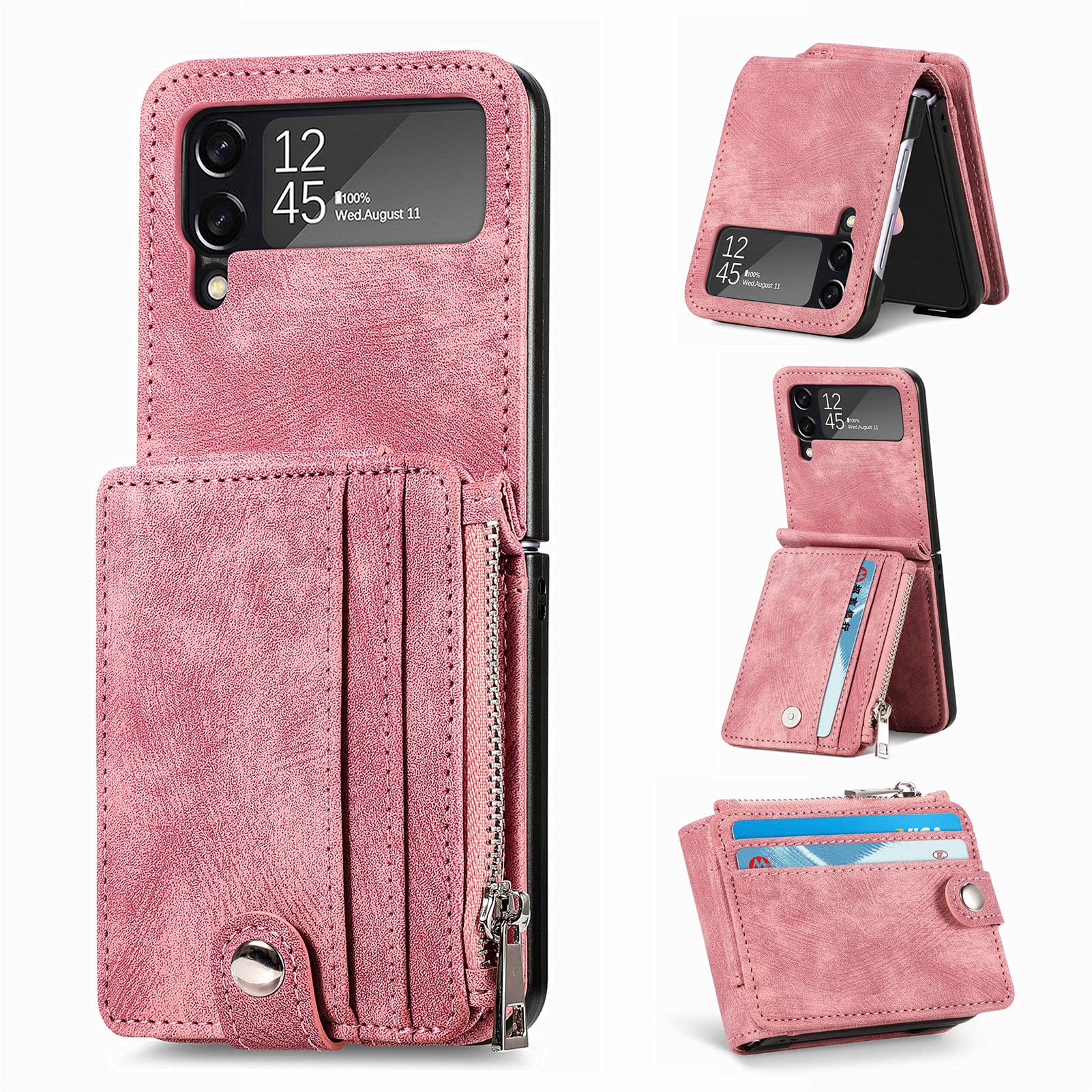 Topfunny Cases For Galaxy Z Flip 3 Wallet Case With Card Holder Retro 2 In 1 Detachable Zipper Flip Wallet Kickstand Premium Pu