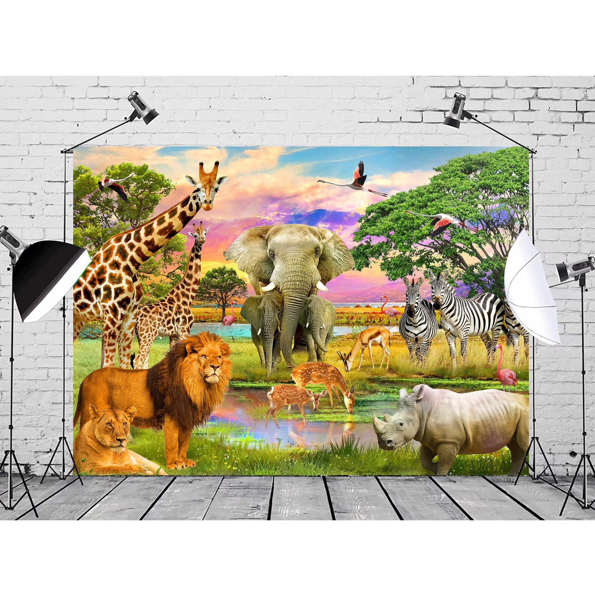 Svbright Jungle Backdrop 7Wx5H Safari Background Wildlife Summer Tropical Animal Desert African Scenic For Boy Birthday Party Ba
