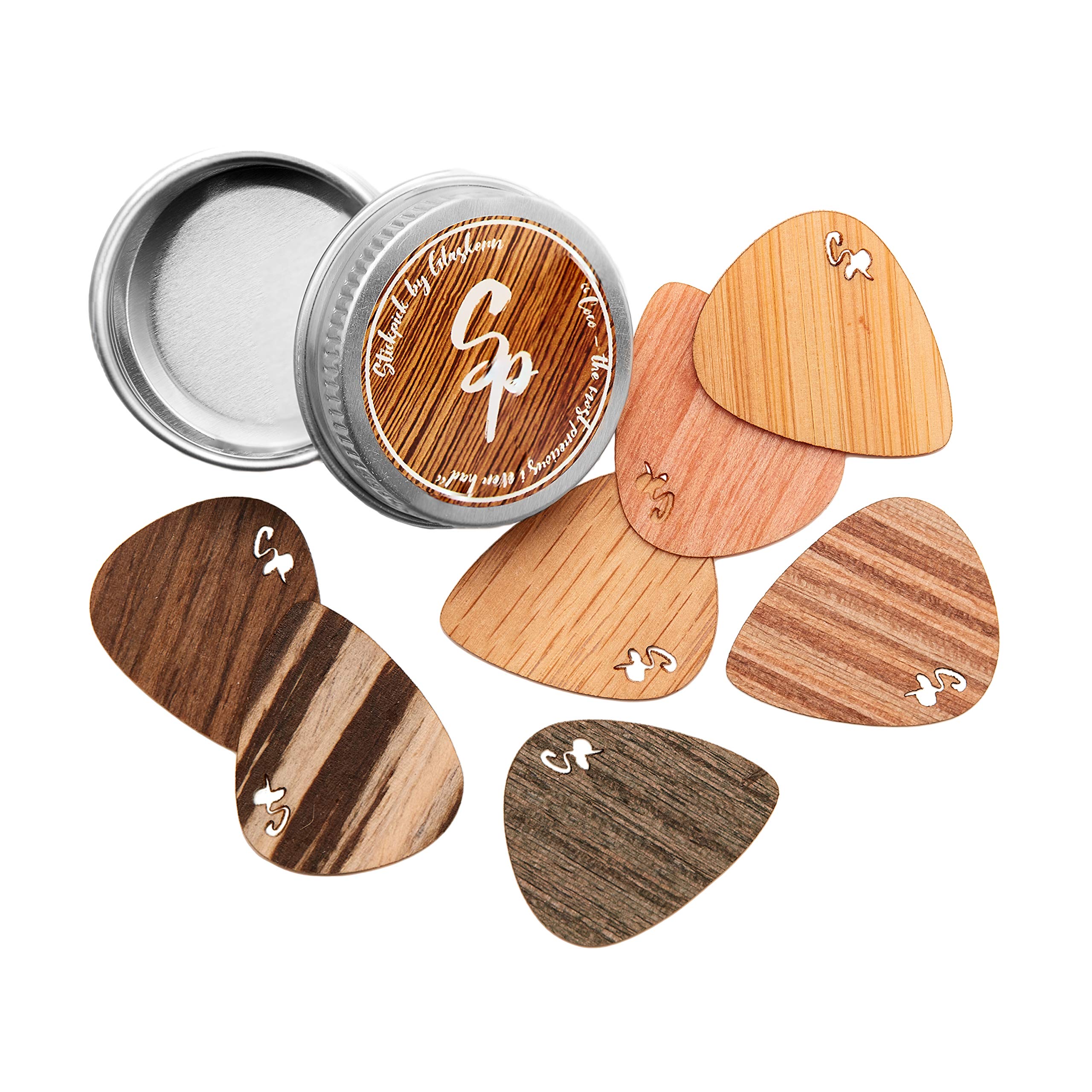 Stickpick | Set Of 7 Flexible Guitar Picks Made Of Real Wood | For Electric, Acoustic And Bass Guitars In Various Strengths | In
