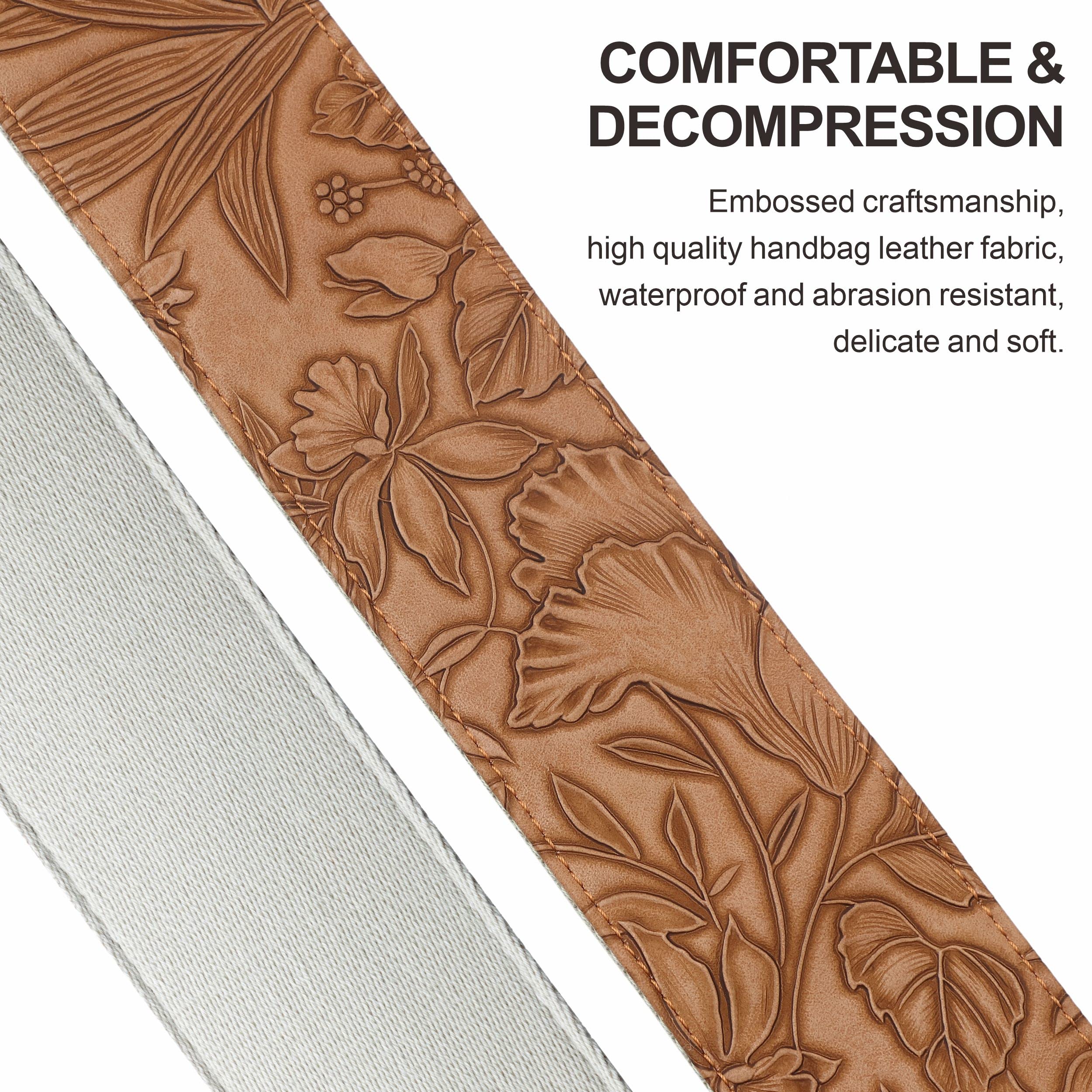 Nefelibata Guitar Strap - 2.3" Leather Carving, Adjustable 36"-63", F#-Brown Yellow, Model JTBD-LCS144, with Pick Pocket