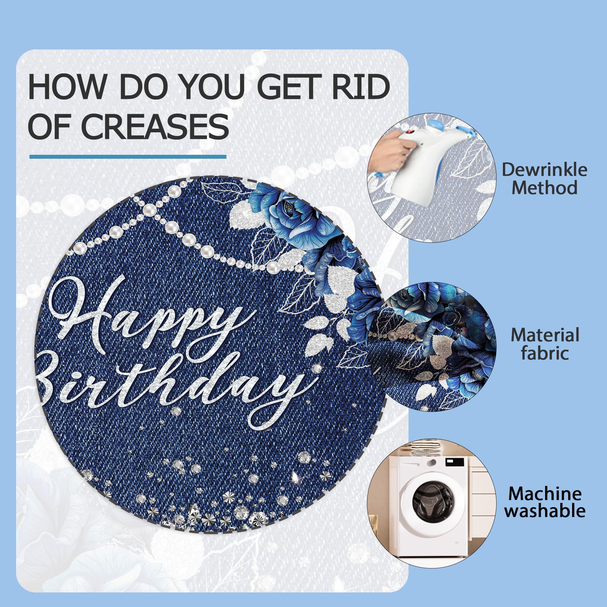 Ufeela Denim Diamonds Birthday Backdrop 7Wx5H Feet Fabric Polyester Navy Blue Silver Floral Rose Modern Luxury Sparkle Shining P