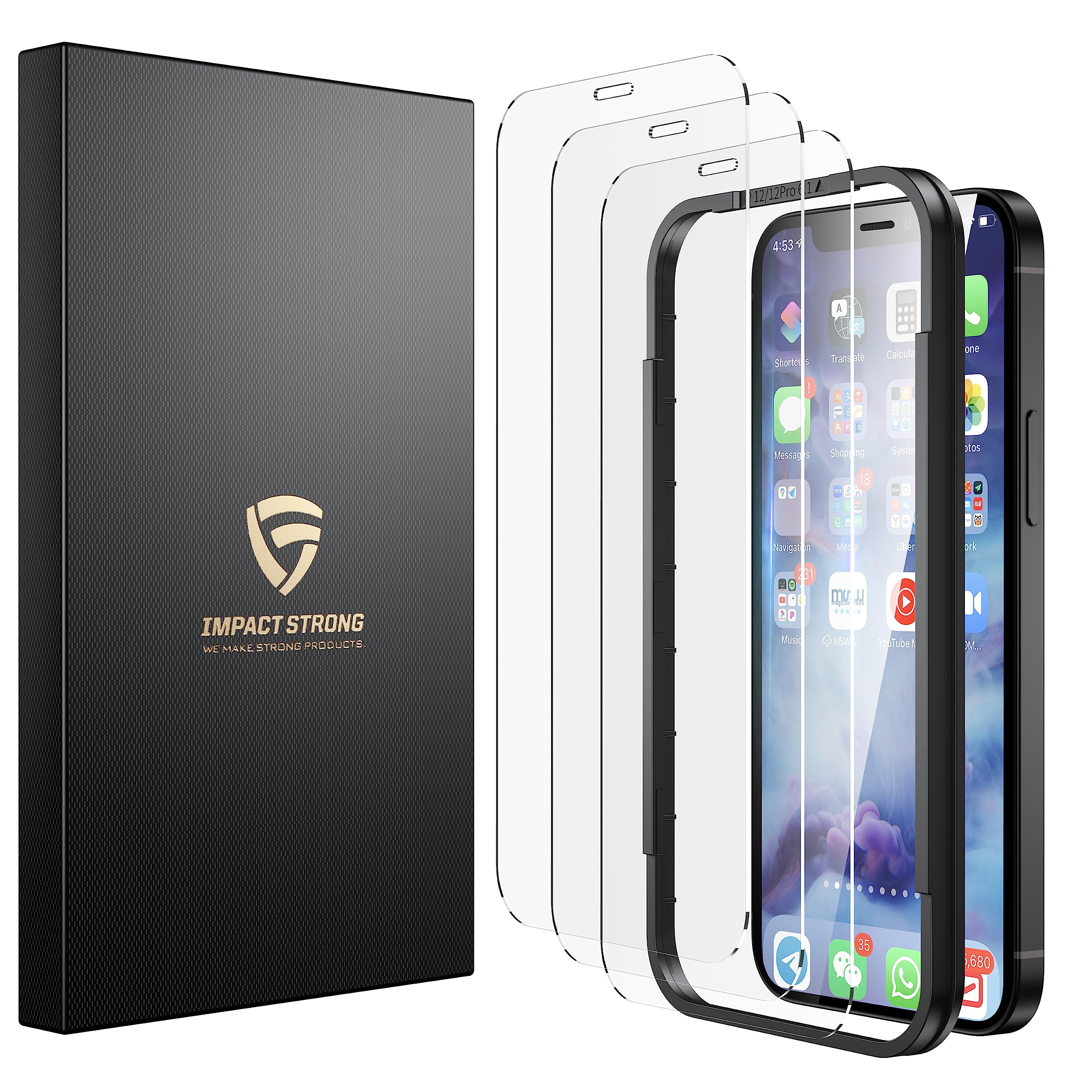 Impactstrong Shatterproof Tempered Glass Screen Protector For Iphone 12 / Iphone 12 Pro [Easy Installation Frame] [Bubble Free]